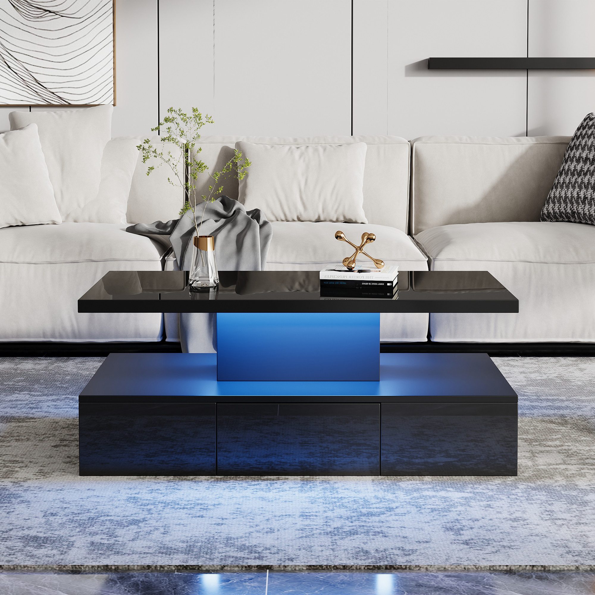 STILVORA Couchtisch schwarz Zweistufiger,Hochglanz-Wohnzimmertisch mit LED- günstig online kaufen