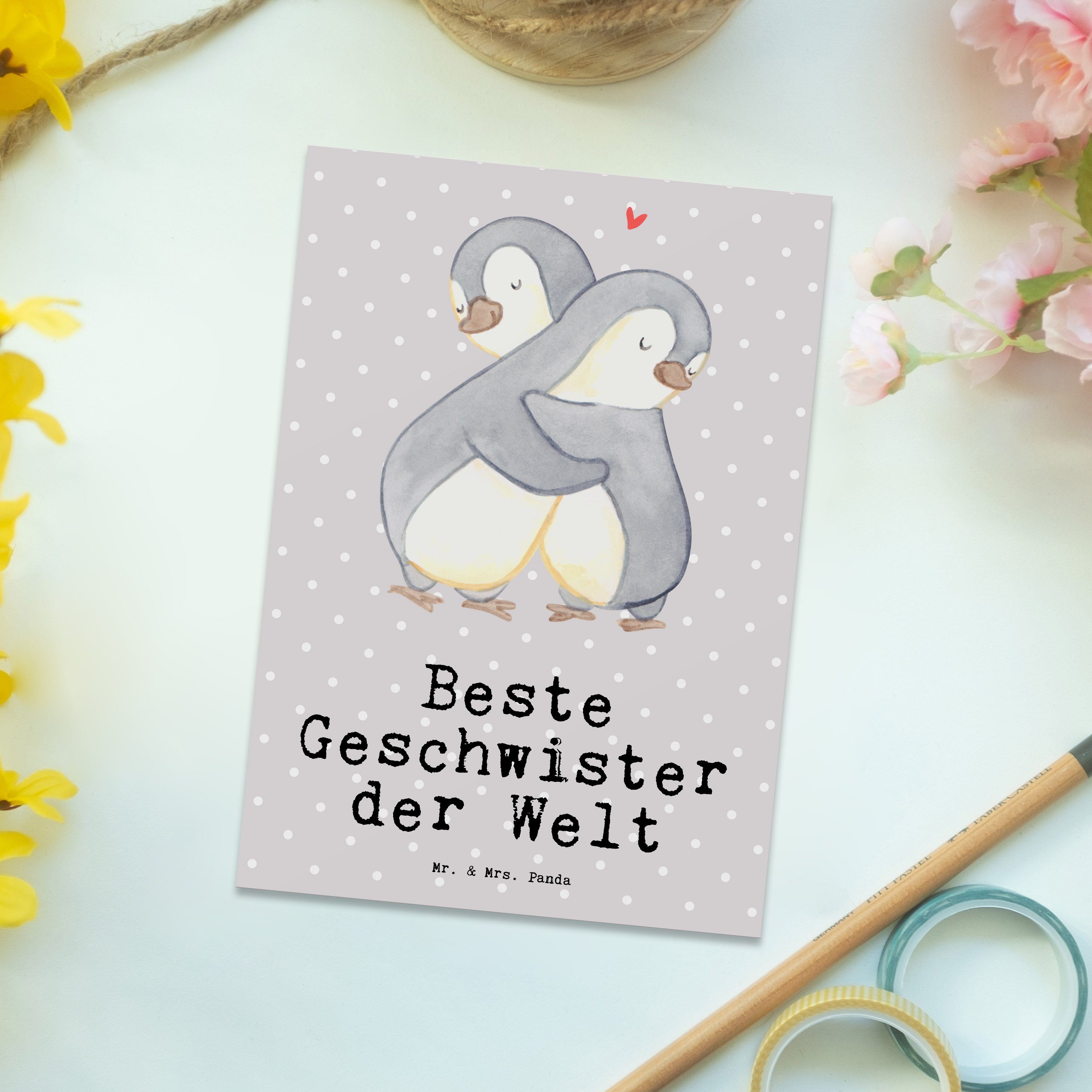 Welt Postkarte Grau & der - Mr. - Beste Pastell Geschwister Pinguin Panda Einladu Mrs. Geschenk,