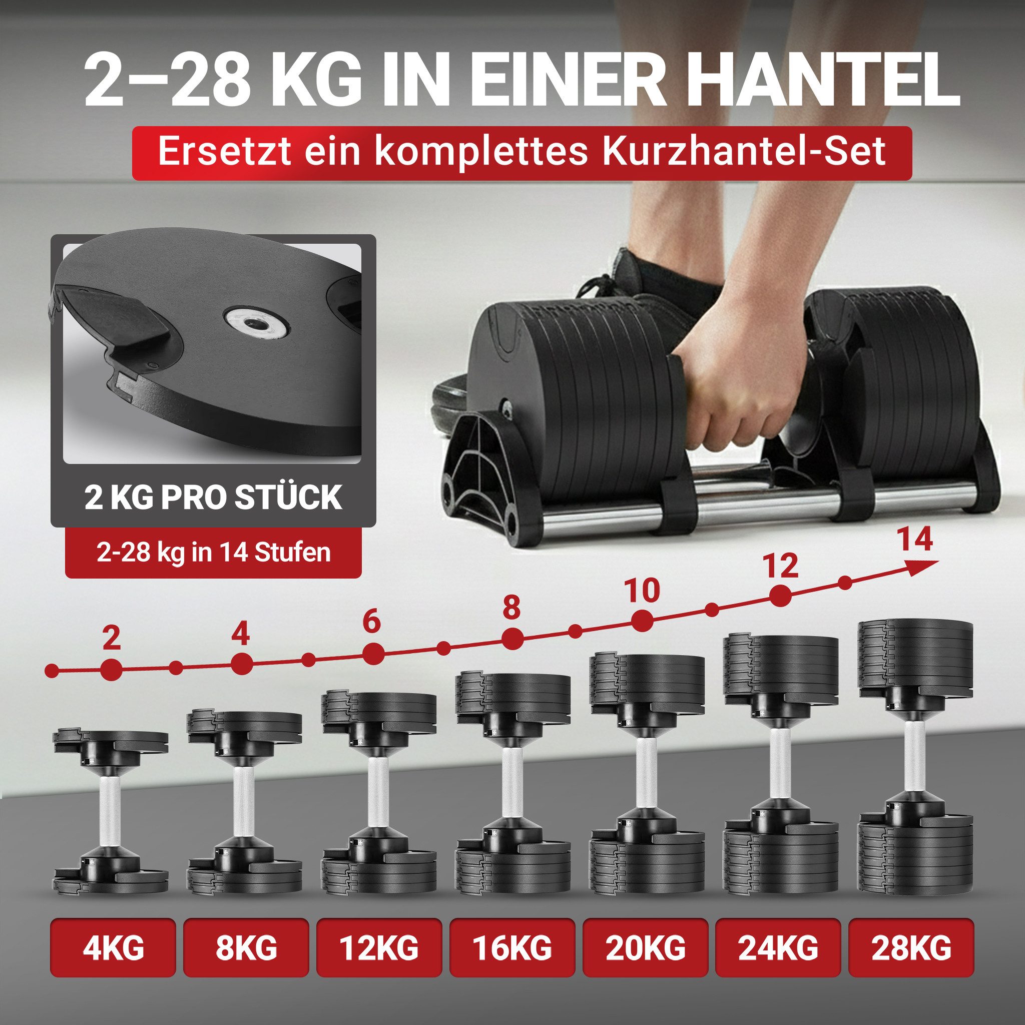 Miweba Sports Kurzhantel Fitness Stahl Hantel Set VH200 inkl. Gestell, (schneller Gewichtswechsel - rutschfest - platzsparend - Krafttraining - Muskelaufbau - Sport - Workout - Training, Hantelstange mit kreuzgerändeltem Profil, cleveres Verschlusssystem), 9-in-1 verstellbare Fitness Hantel - einstellbare Gewichte bis 28 kg