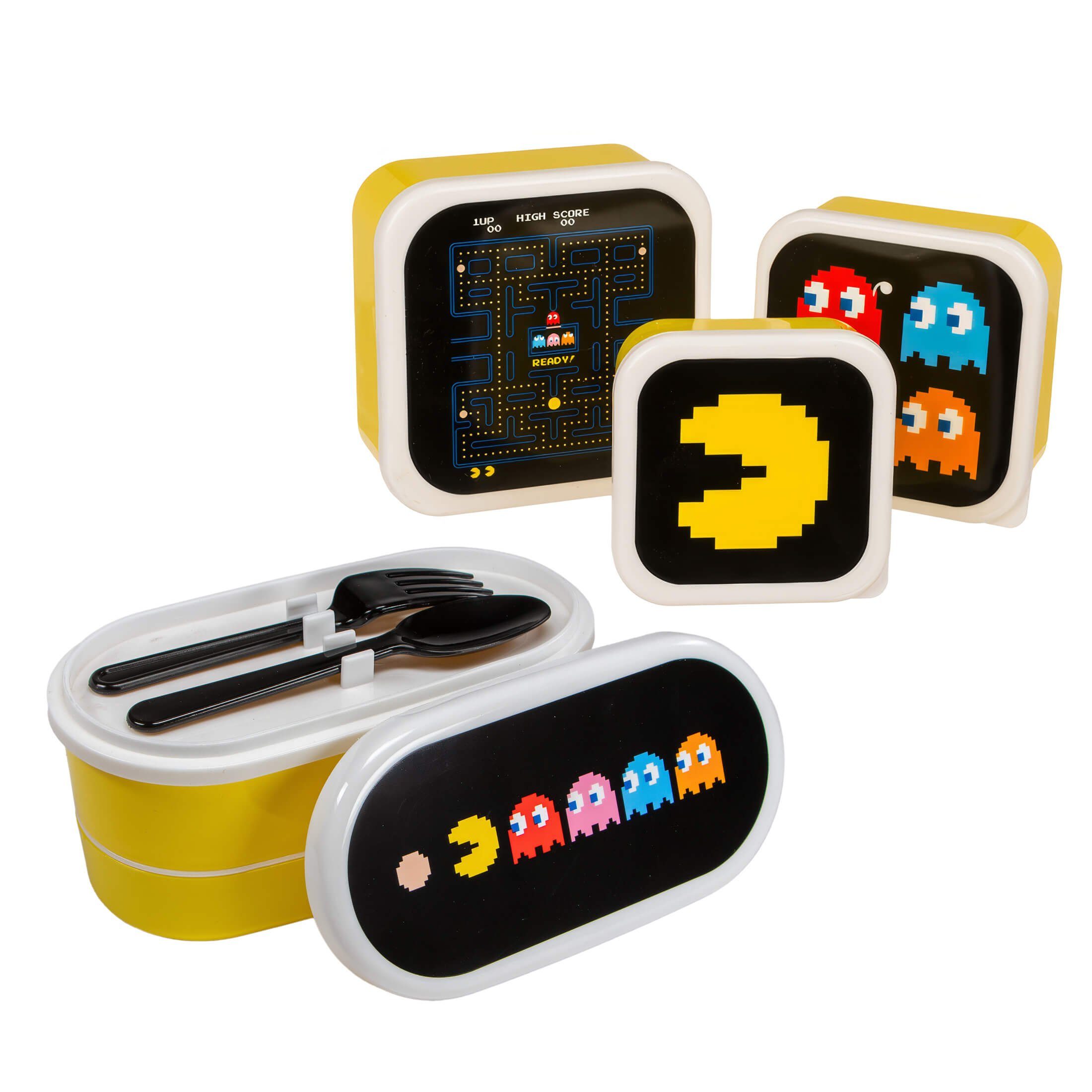Lunchbox Brotdose Pac-Man Lunchbox Snackdosen Set 4 in 1 mit Besteck