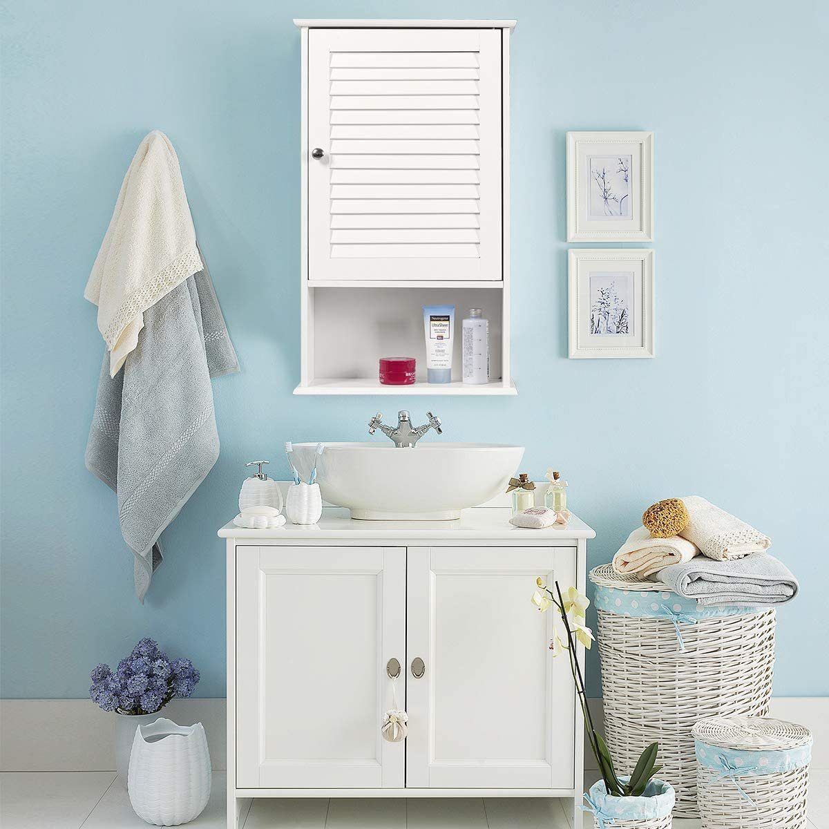 COSTWAY Hängeschrank Badezimmerschrank weiß verstellbarem Einlegeboden mit
