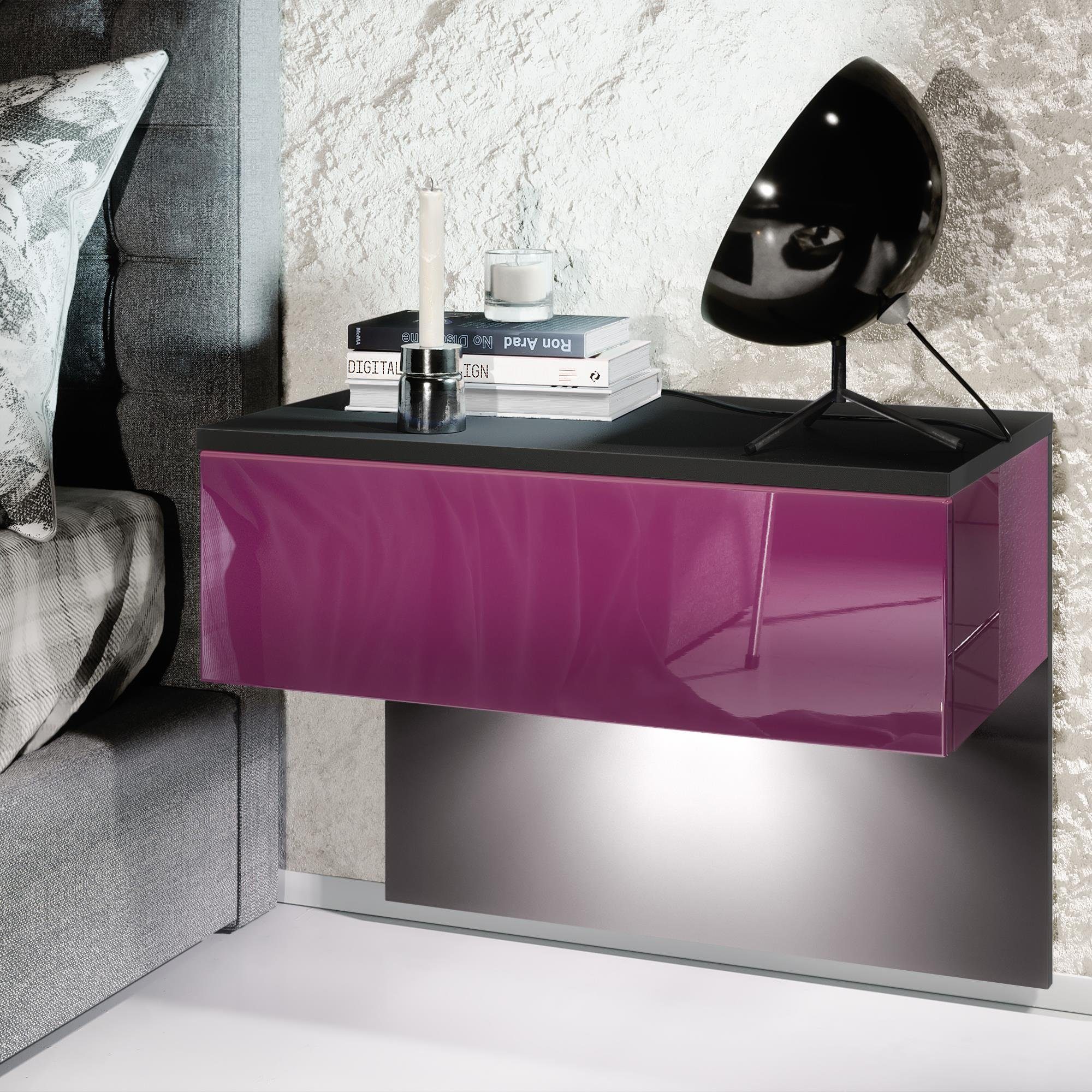 Vladon Nachttisch Sleep (Nachttischschrank, mit Schublade zur Wandmontage), Schwarz matt/Brombeer Hochglanz (60 x 46 x 35 cm)