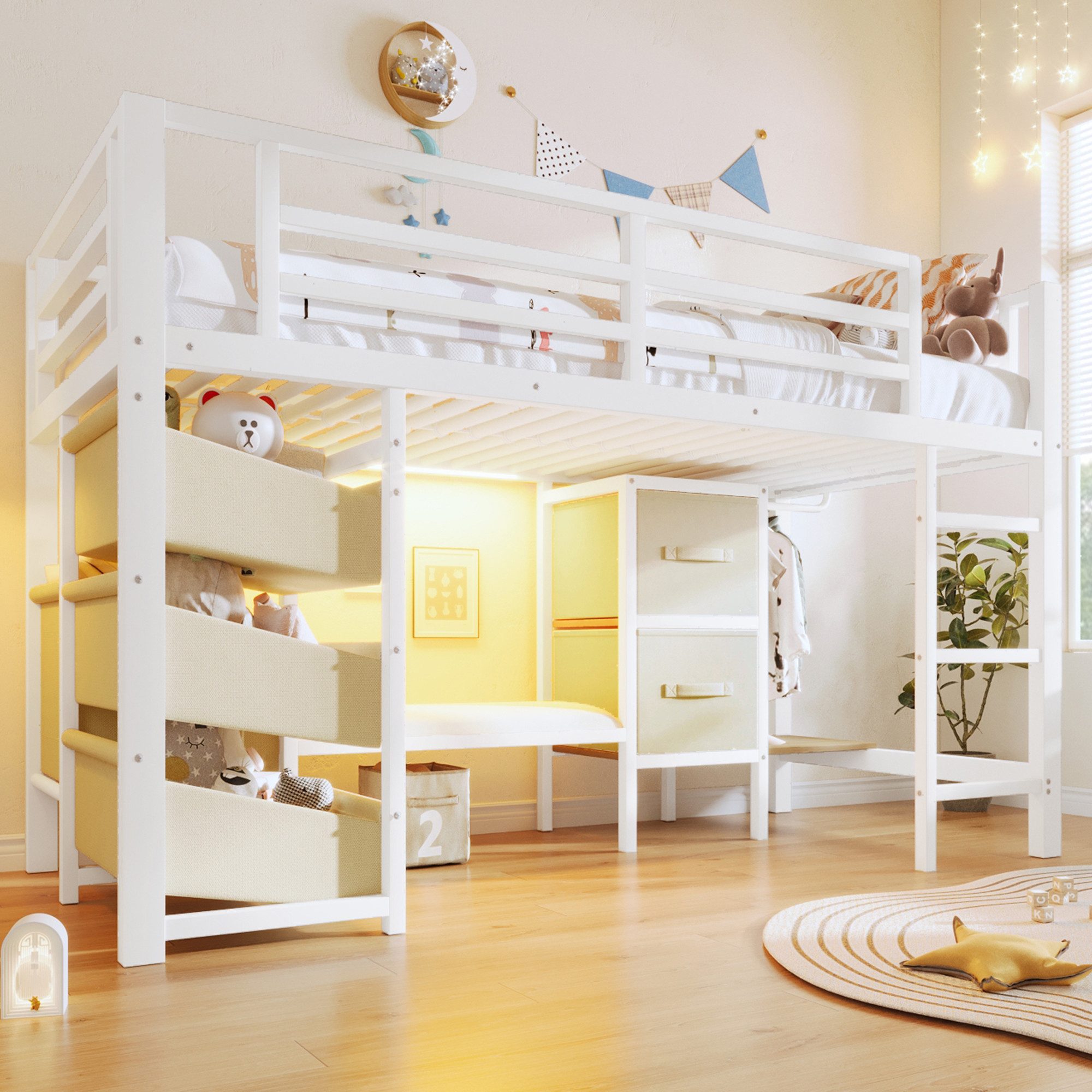 Merax Hochbett 90x200cm mit LED-Beleuchtung (Jugendbett Einzelbett, 1-St) Metallbett Kinderbett mit Stoff-Stauraum, Sitzkissen, Aufhängebereich