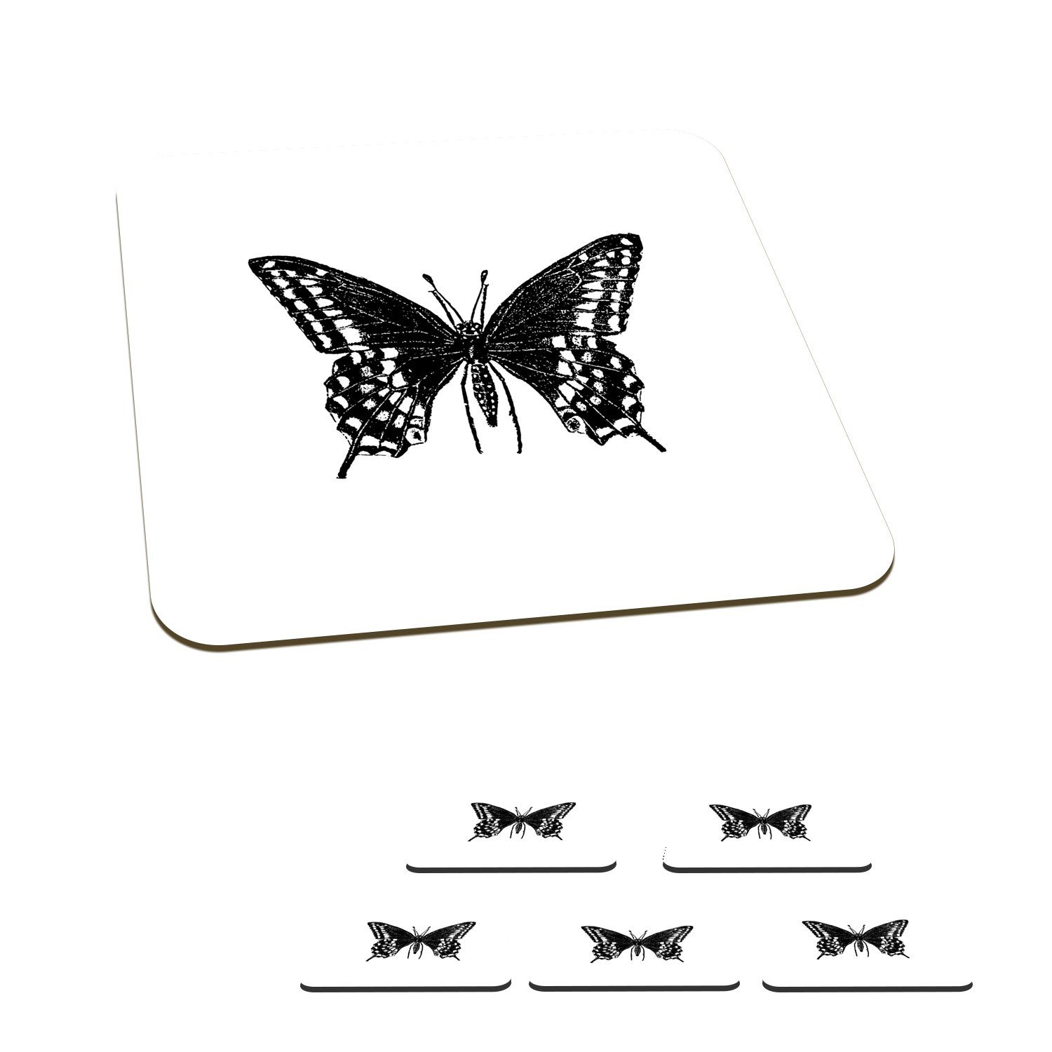 MuchoWow Glasuntersetzer Schmetterling - Tiere - Retro - Schwarz und weiß, Zubehör für Gläser, 6-tlg., Glasuntersetzer, Tischuntersetzer, Korkuntersetzer, Untersetzer, Tasse