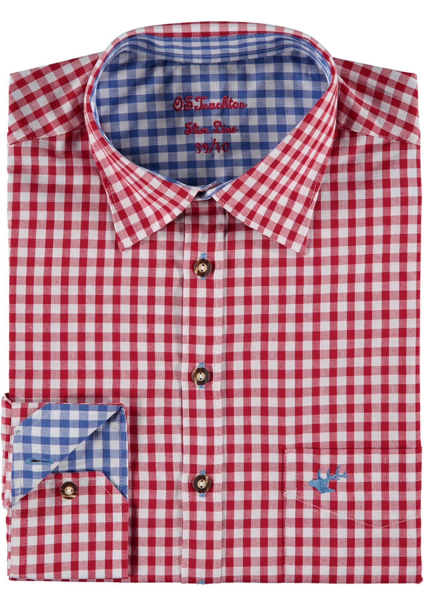 Rumpf Smegy mit Hirsch-Stickerei, in mittelrot und extra OS-Trachten Trachtenhemd lang Ärmeln