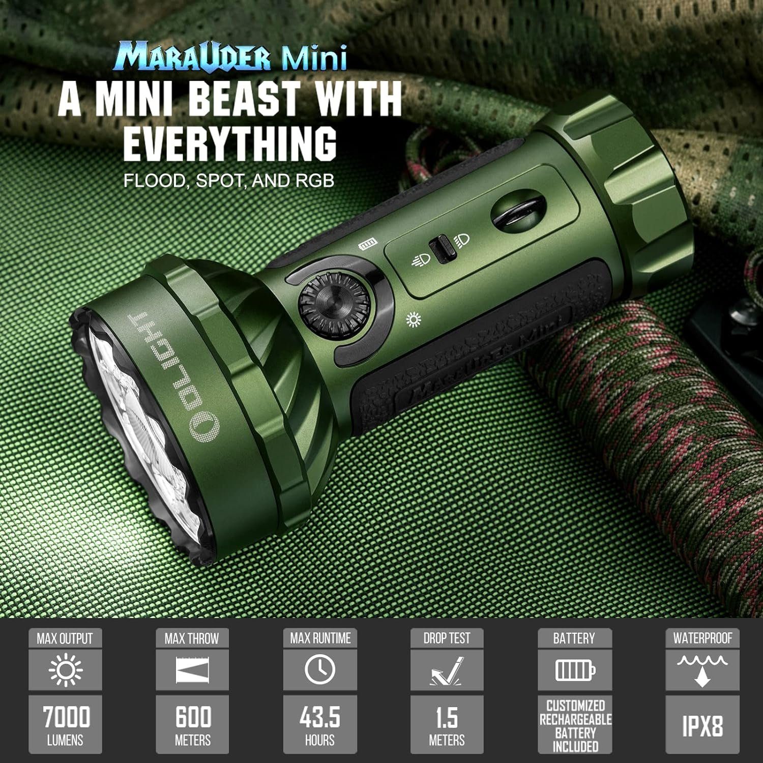 Taschenlampe Mini Taschenlampe, und Strahler mit Grün Olight Leistungsstarke Meter, LED Lumen 7000 600 Flutlich OD Marauder OLIGHT Wiederaufladbar,