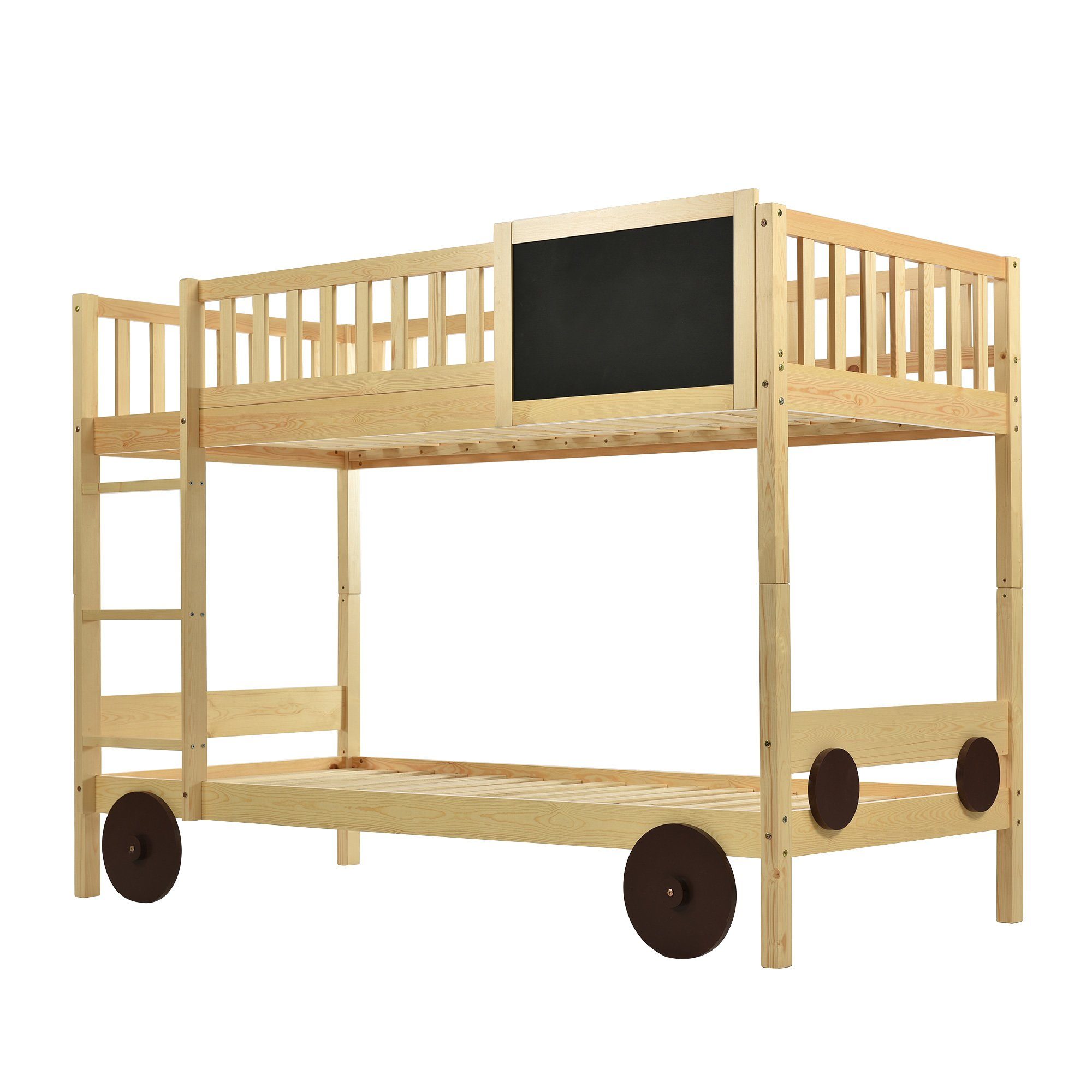 Etagenbett (Stockbett, Hochbett mit Lattenrost, Rausfallschutz, Leiter und MDF-Rädern), Kinderbett 90 x 200 cm, umbaubar in zwei Einzelbetten, Kiefer