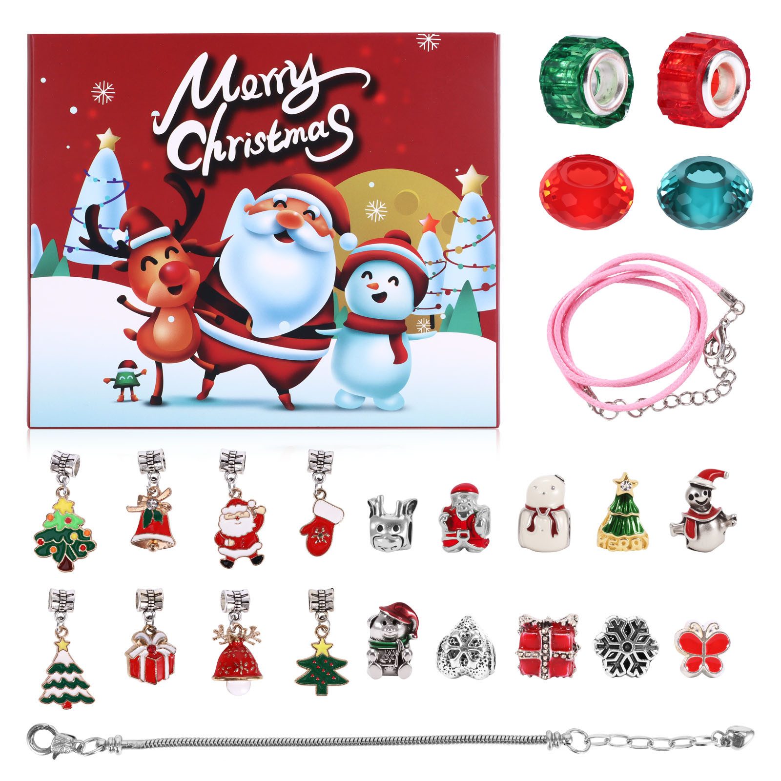 BlingBin Adventskalender Weihnachtsab Adventskalender Mädchen Armbänder machen Kit (1er Set, 24-tlg), 24 Tage Weihnachten Countdown Kalender DIY Charm Brazeletts Kits