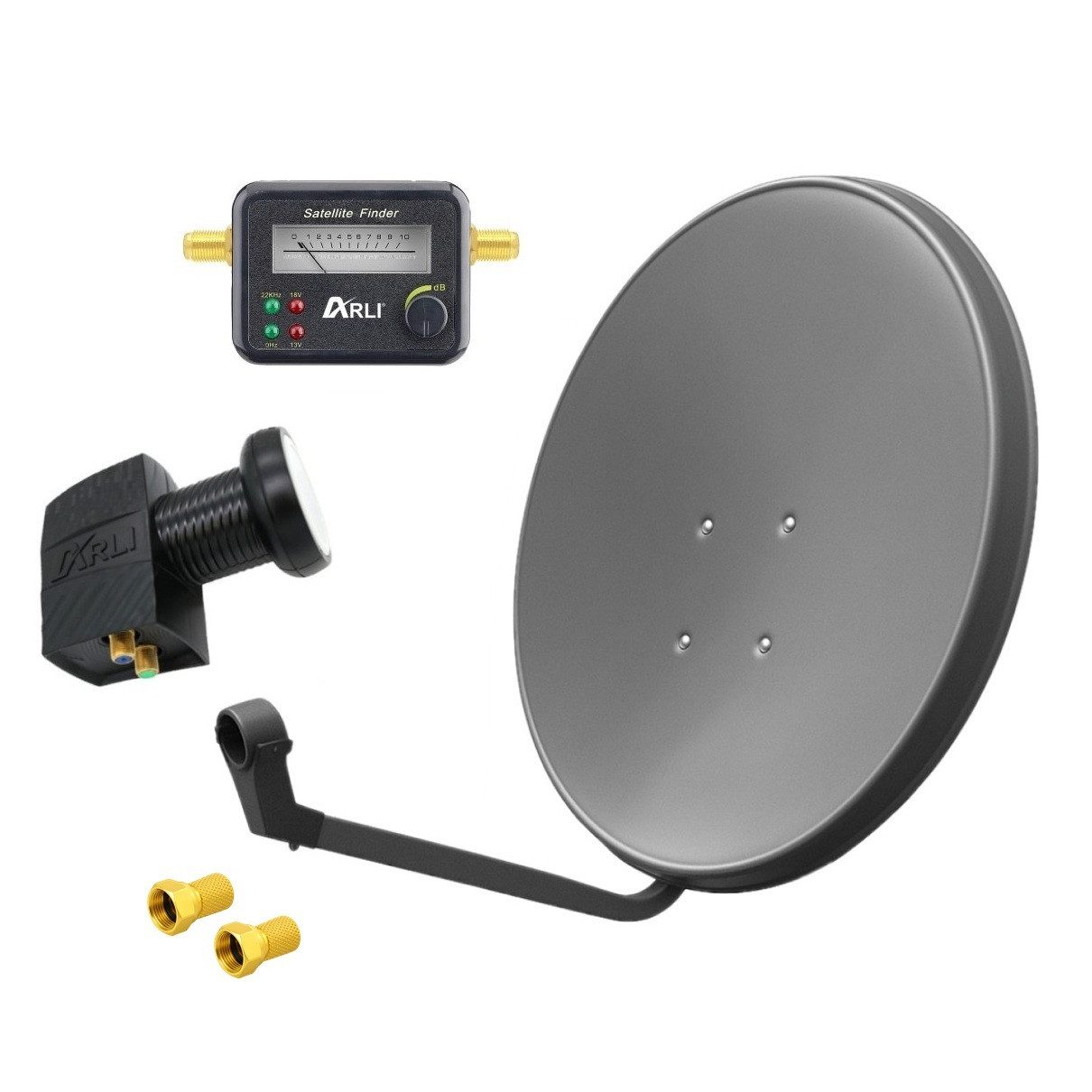 ARLI 60cm HD SAT Anlage grau + Twin LNB + Satfinder SAT-Antenne (60 cm, Stahl, Digital 2 Teilnehmer Antenne grau UHD 4K)