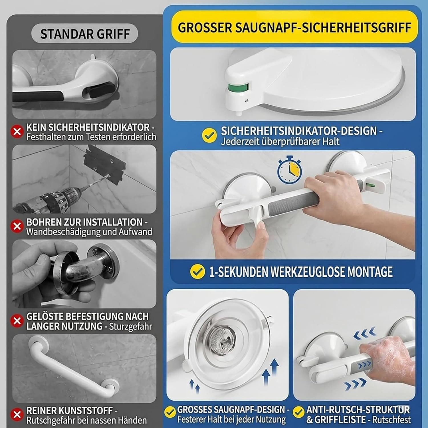 Fyrove Haltegriff Sauggriff ohne Bohren, Haltegriff für Senioren rutschfest Bad WC, ohne Bohren, wandschonend, wiederverwendbar, Sicherheitsmarkierung – Bild 4 von 5