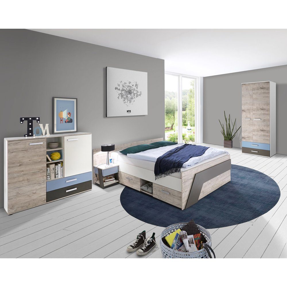 Lomadox Jugendzimmer-Set LEEDS-10, (Sparset, 4-tlg), Sandeiche Nb. mit weiß Lava und Denim Blau