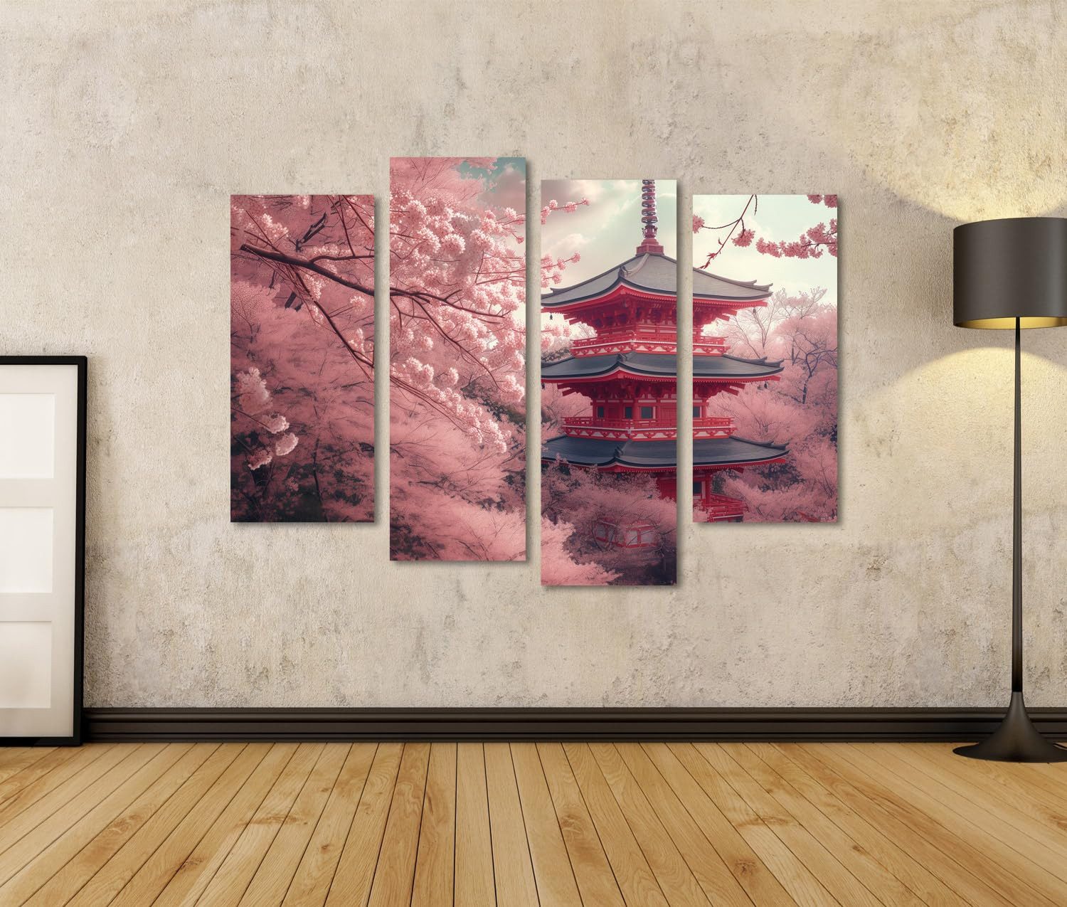 islandburner Leinwandbild Kirschblüten und Rote Pagode im Frühlingsgarten Japan