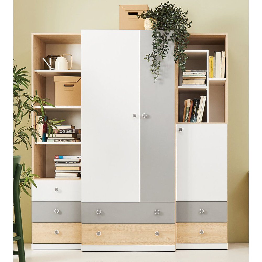 Lomadox Kleiderschrank PINETO-133 Eiche Nb., weiß, grau, 3-teilig, Kleiderschrank und Regale