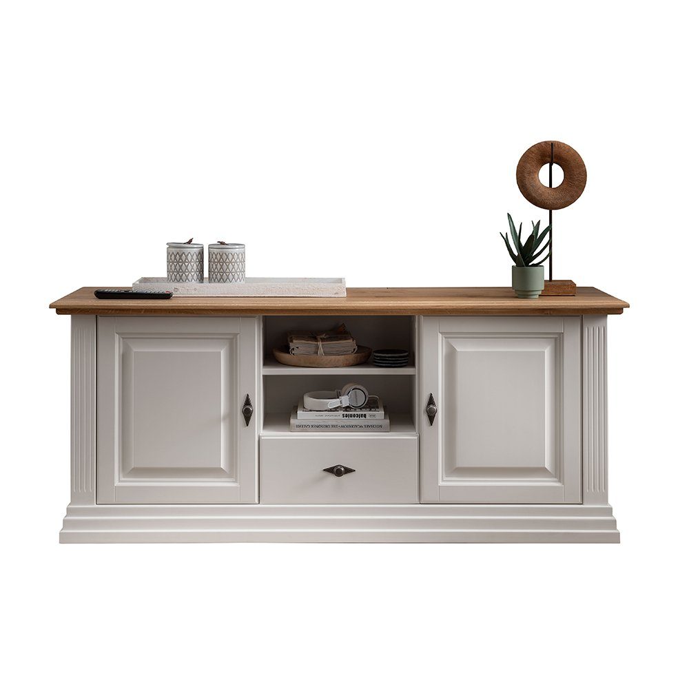 Lomadox Lowboard ESBJERG-69, 157cm, Kiefer weiß lackiert mit Eiche geölt, Landhausstil