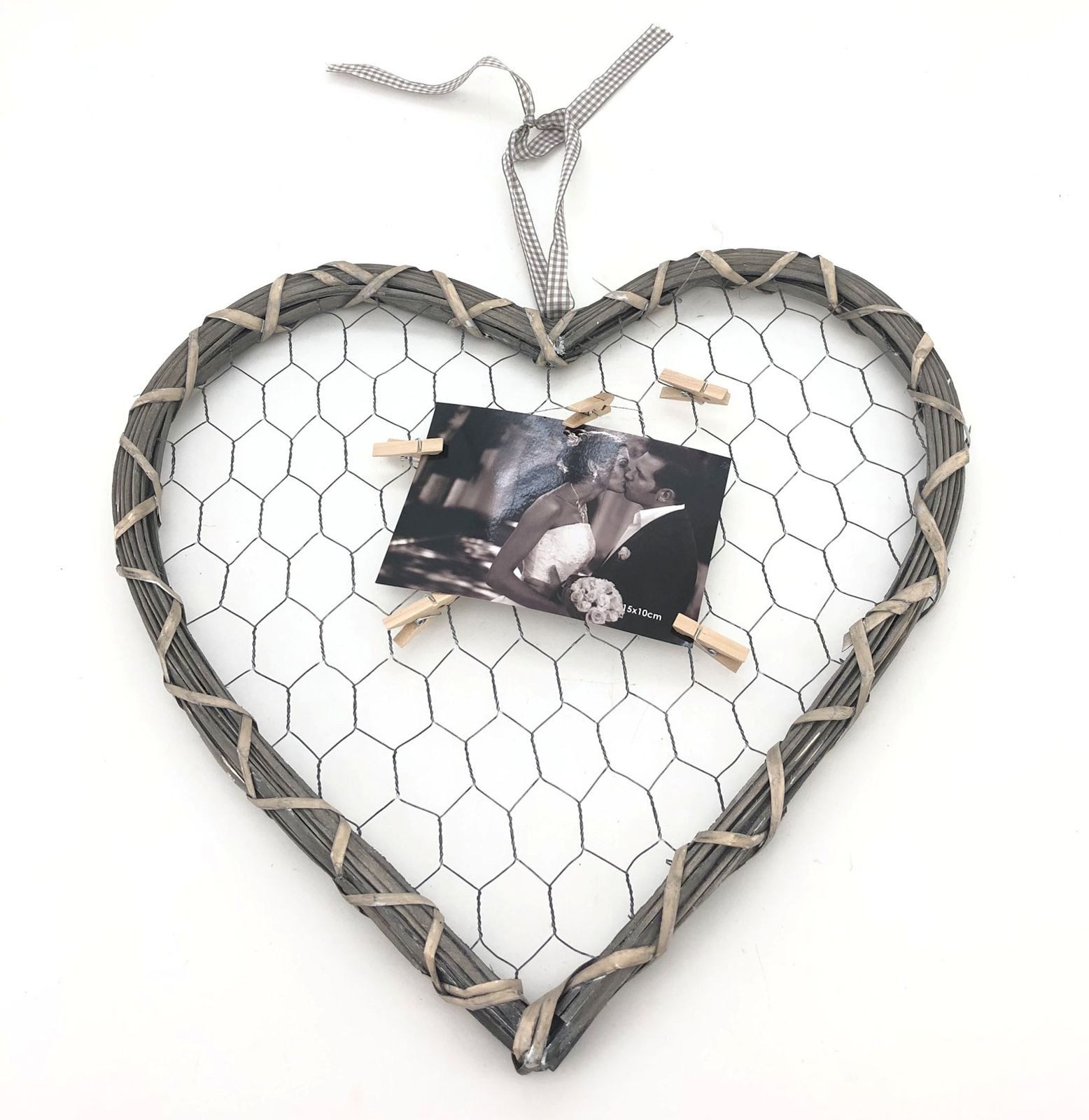 Intertoys Bilderrahmen Fotohalter Herz 40x40cm Holz Herz mit Gitter und 5 Klammern