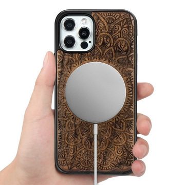 Wigento Smartphone-Hülle Holzfurnier Mandala geprägte Magsafe Hülle Handy Tasche Wahlnuss für Apple iPhone 12 Pro Max 6.7 Zoll