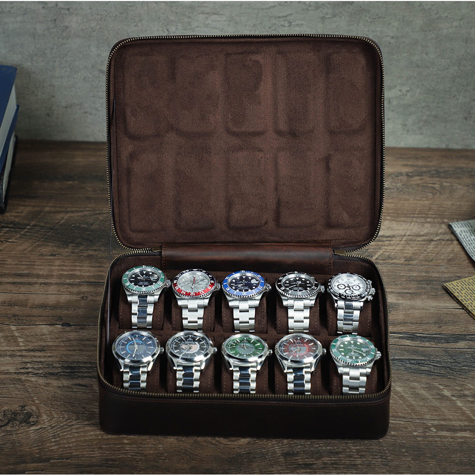 Uhrenetui Uhrenbox Vintage aus Leder 10 Slots Handgefertigte Reise Organizer