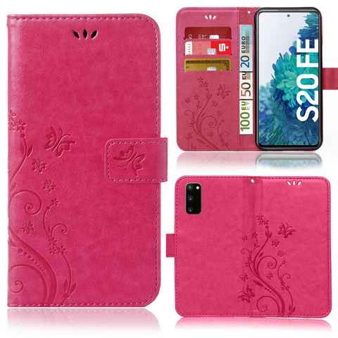 Numerva Handyhülle Bookstyle Flower Handytasche Schutzhülle für Samsung Galaxy S20 FE, Klapphülle Flip Cover mit Blumen-Schmetterling Motiv