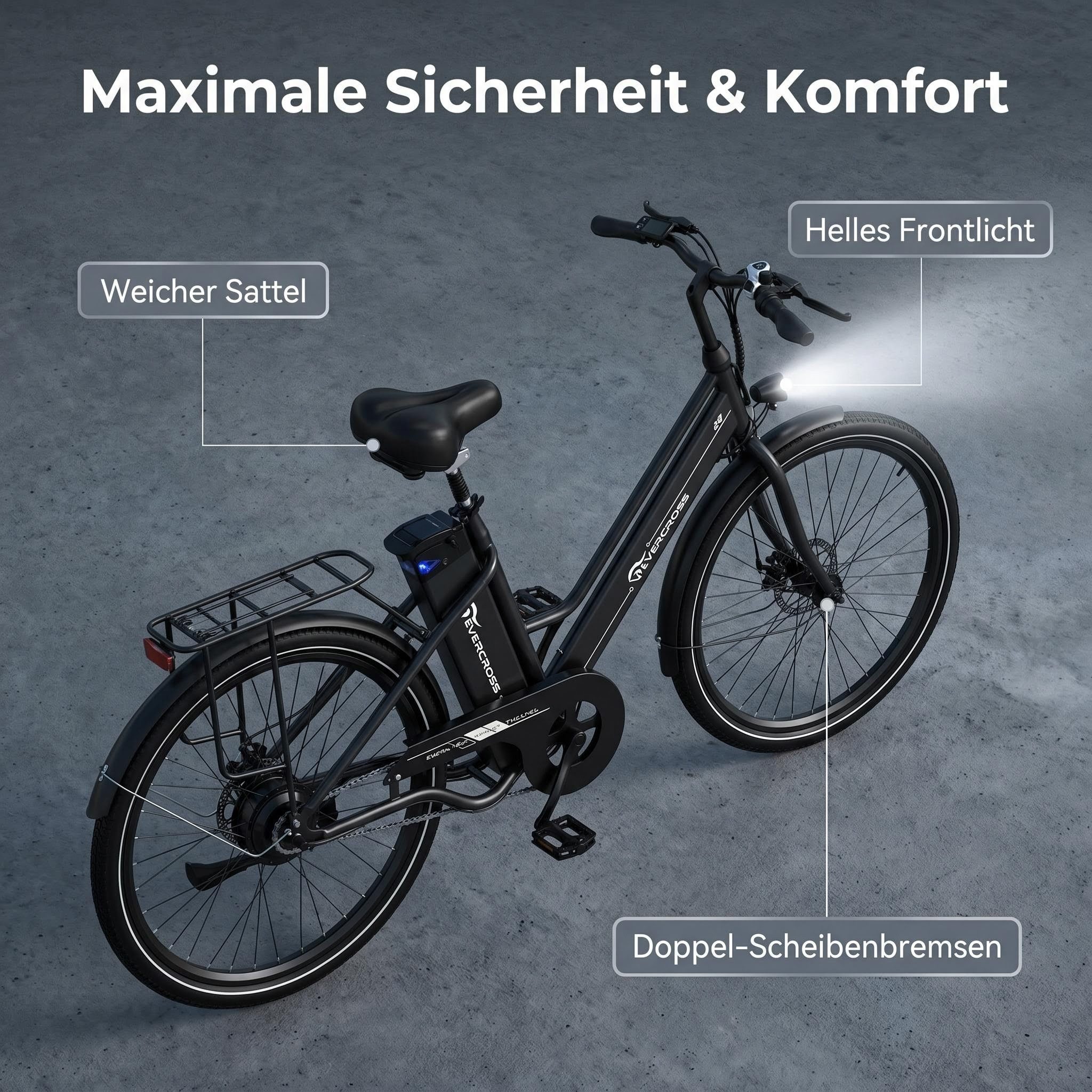EVERCROSS TECH E-Bike Cityrad für Pendler,26-Zoll-Elektrofahrrad,36V 15,6AH Lithiumbatterie, Heckmotor, 561,6 Wh, 50-90Km, 1 Gang,E-Citybike mit Schloss, Pumpe