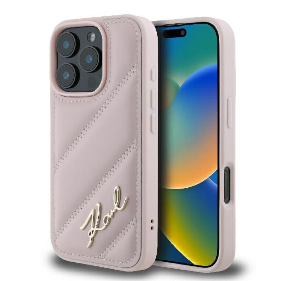 Handyhülle iPhone 16 Pro Kunstleder rosa Logo goldfarbig