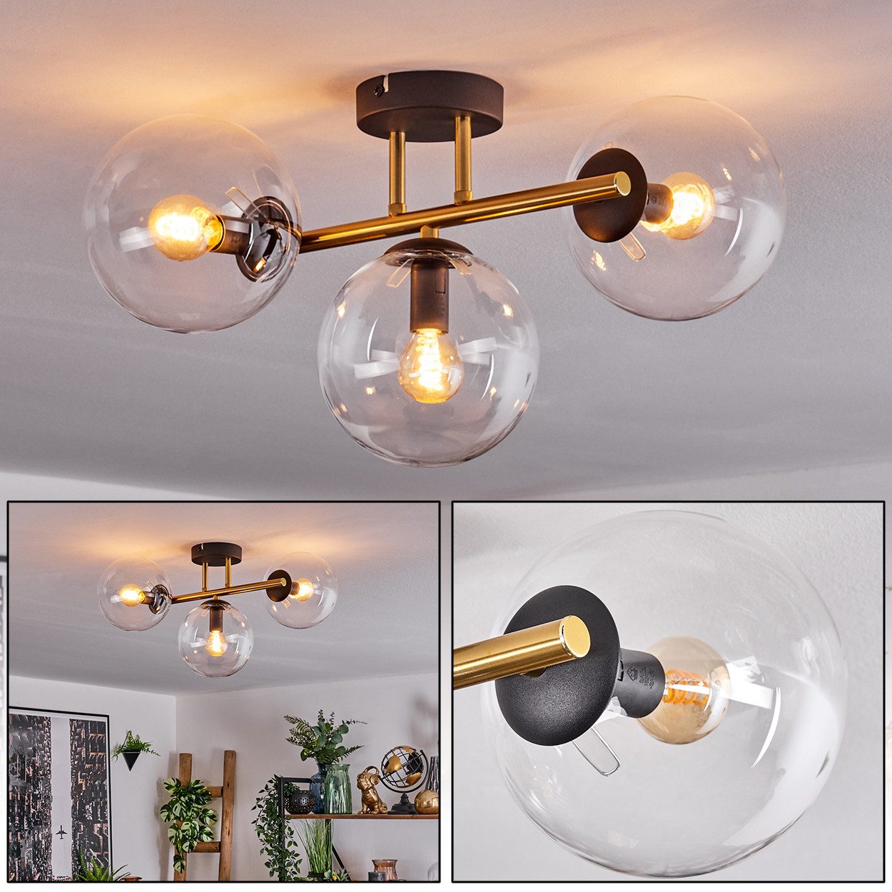 Deckenleuchte Deckenlampe aus Metall/Glas in Schwarz/Goldfarben/Klar