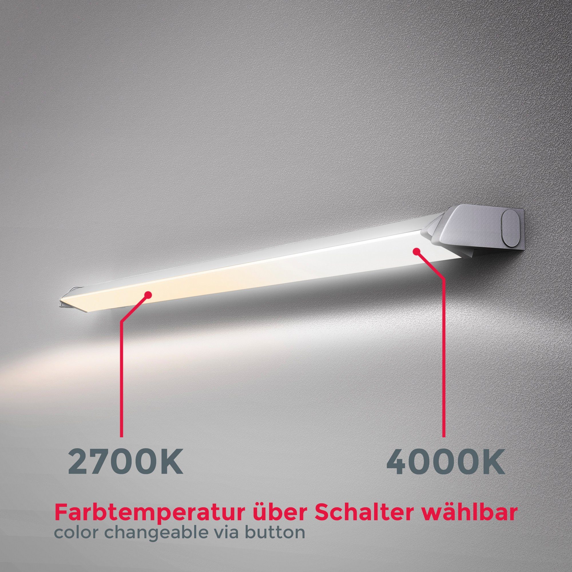 B.K.Licht Unterschrankleuchte BK_UL1211 CCT Helligkeitsstufen, 450Lm, Küchenleiste, 55,7 6,1 LED-Unterbauleuchte, 8W, kaltweiß, integriert, LED 2700-4000 x K, Silber, - Schwenkbar, Lichtfarbe einstellbar cm, warmweiß x fest 2,4 mehrere