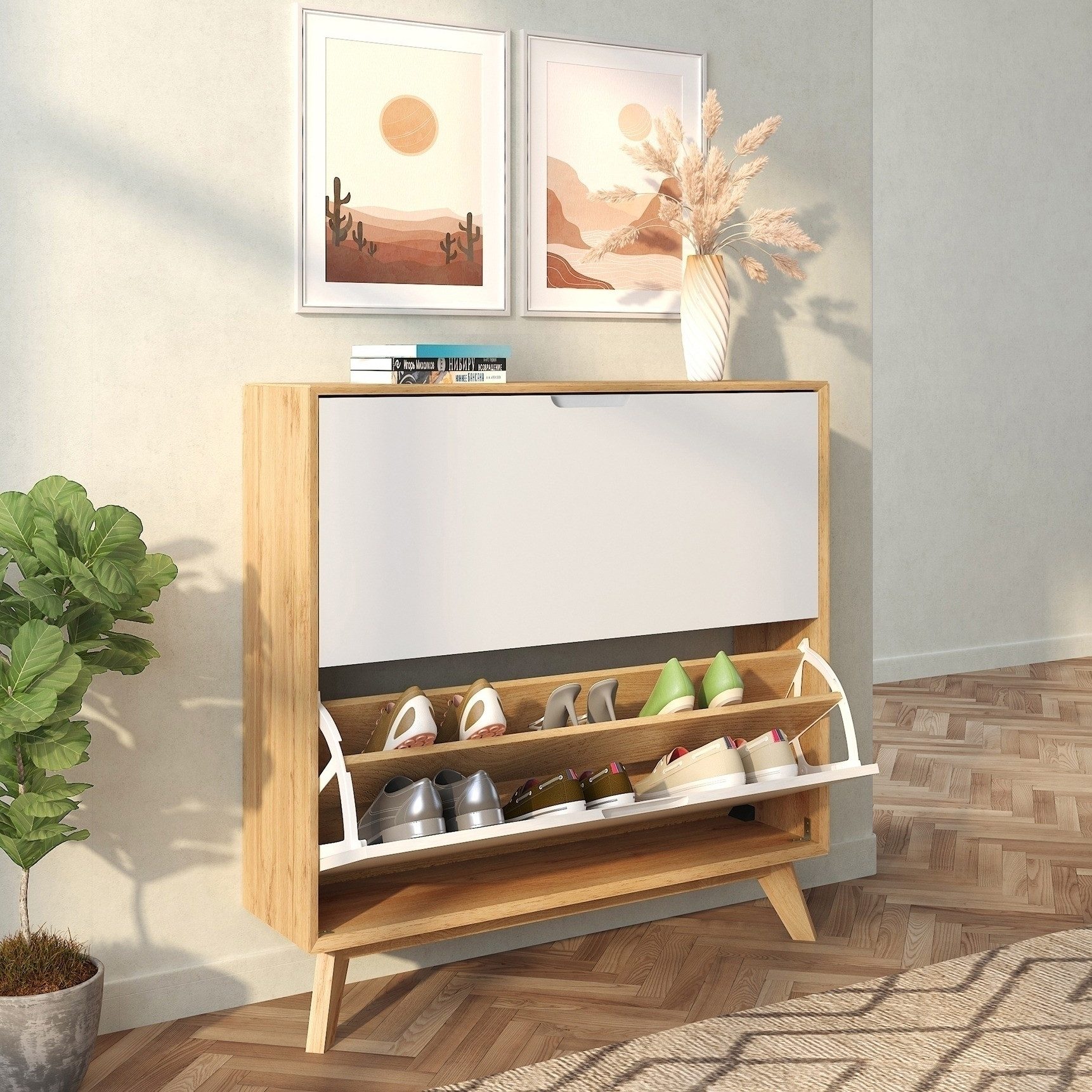 freiraum Schuhkipper Essen, in Eiche-Dekor / Weiß - 89x90x24cm (BxHxT)