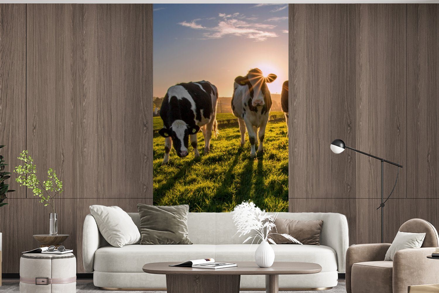 Küche, Matt, bedruckt, St), Fototapete Fototapete Wohnzimmer Kuh Vliestapete Sonne, (2 MuchoWow - Schlafzimmer Gras für -