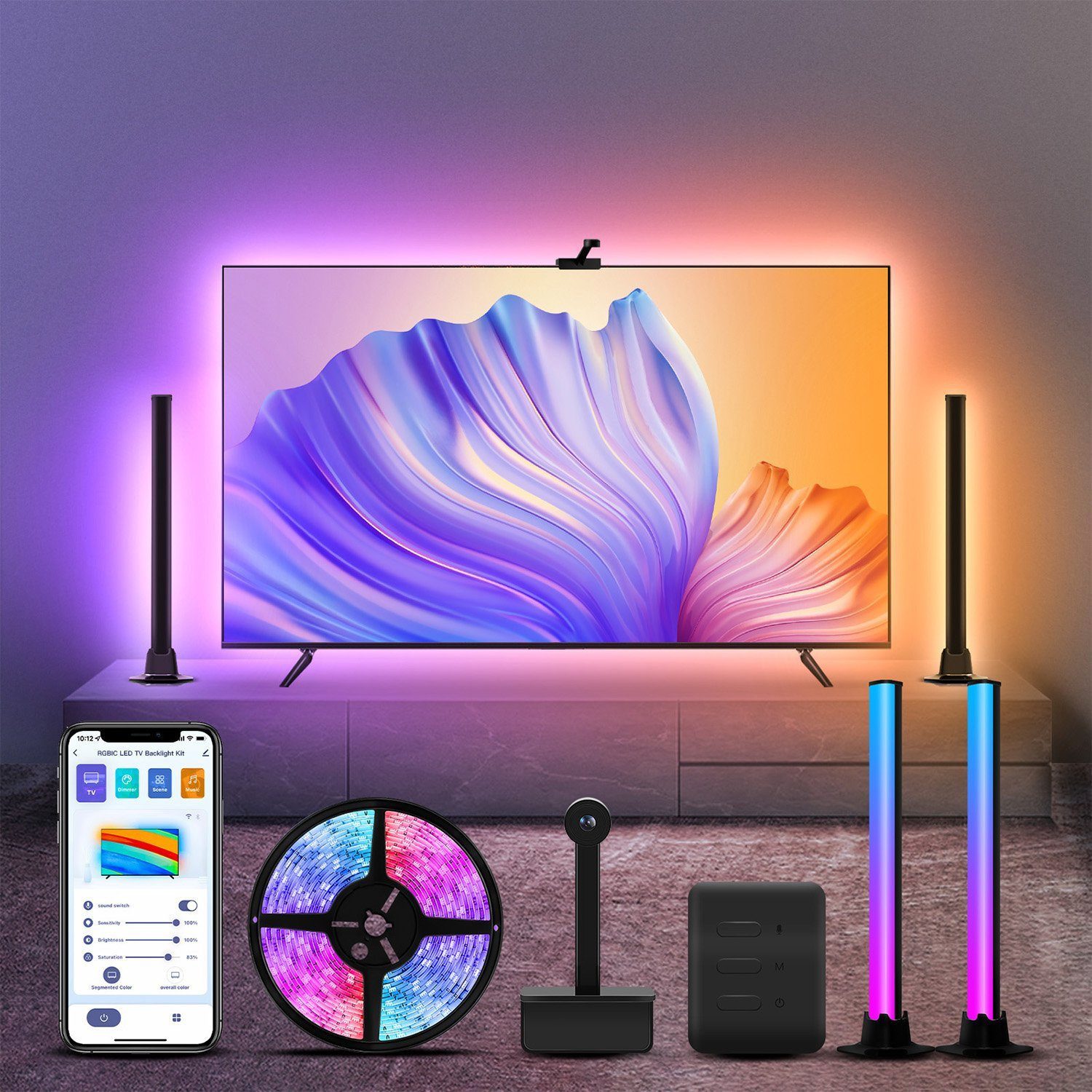 feinlux LED Stripe Stripe LED TV-Hintergrundbeleuchtung, Smart LED-Lightbar, APP, RGBIC-Effekt, 3.4m