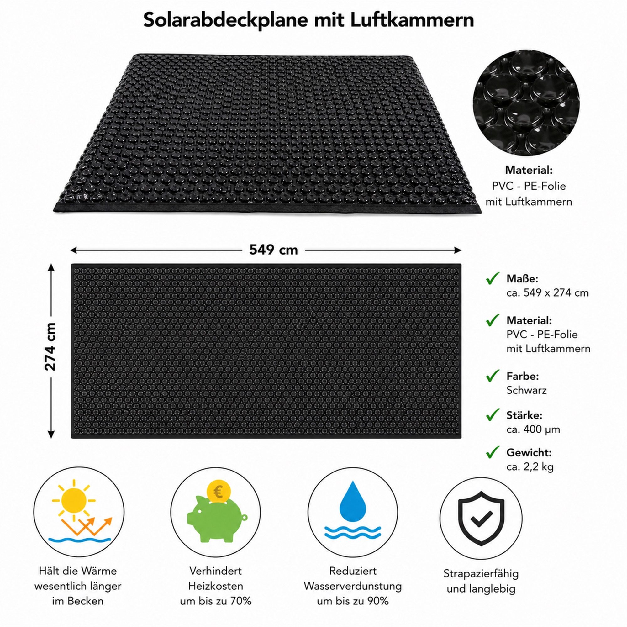 Mucola Pool-Abdeckplane Solarfolie Schwarz Wärmeplane Poolunterlage Bodenschutzplane (Stück, Pool-Abdeckplane), Verhindert Heizkosten