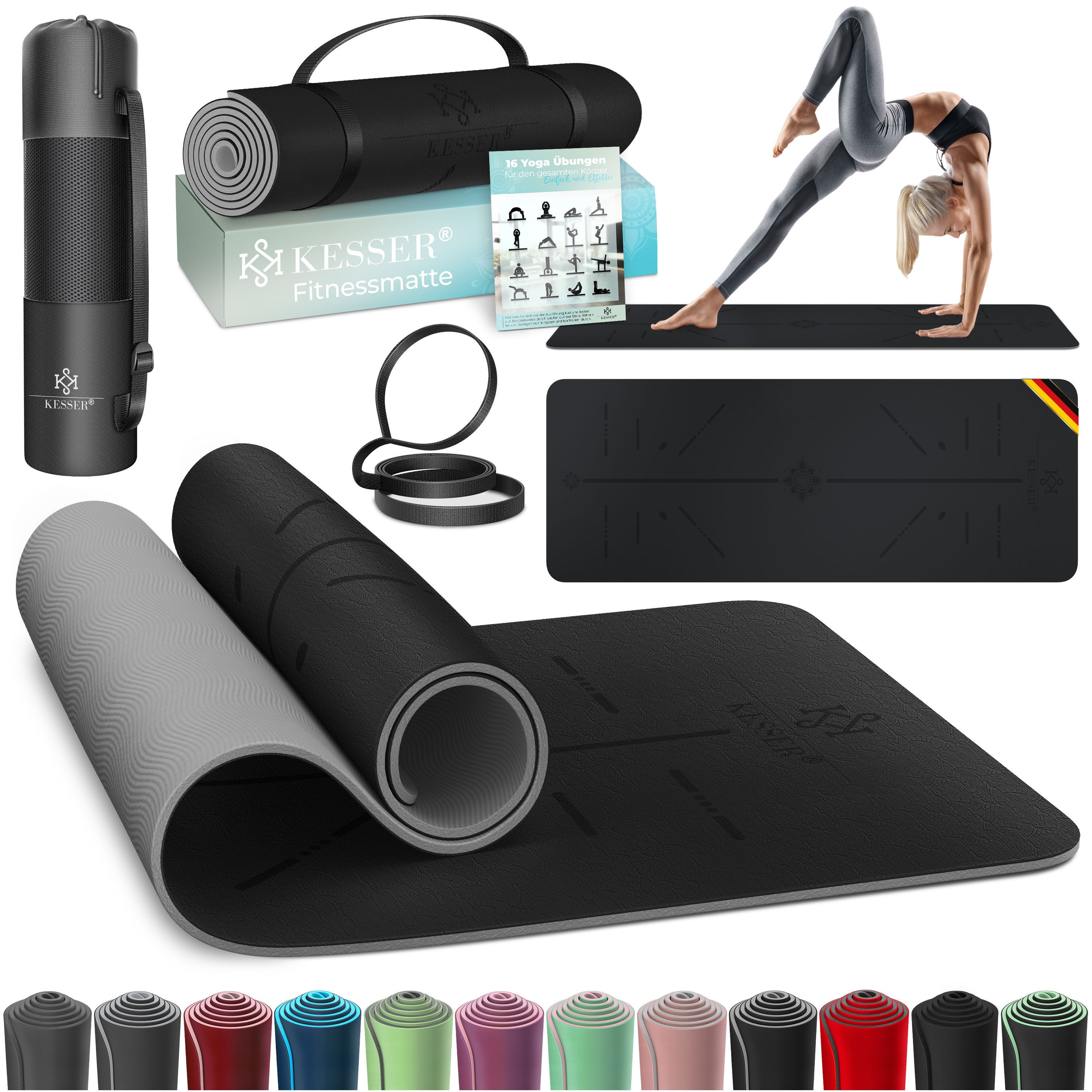 KESSER Yogamatte, Gymnastikmatte + Tragegurt rutschfest TPE Yogamatte gepolstert