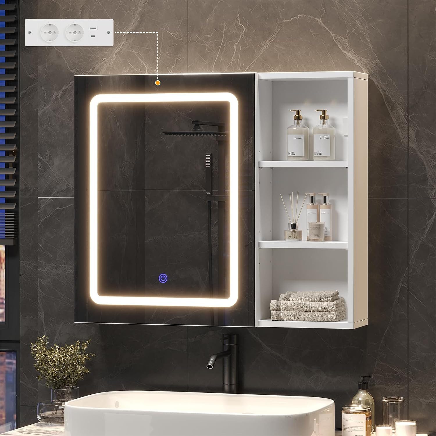 MSMASK Badezimmerspiegelschrank mit LED-Beleuchtung, HD-Spiegel, Touch-Schalter, 3 Lichtfarben (1-St) Spiegelschrank mit Steckdose und verstellbaren Regalen, 70 – Bild 4 von 5