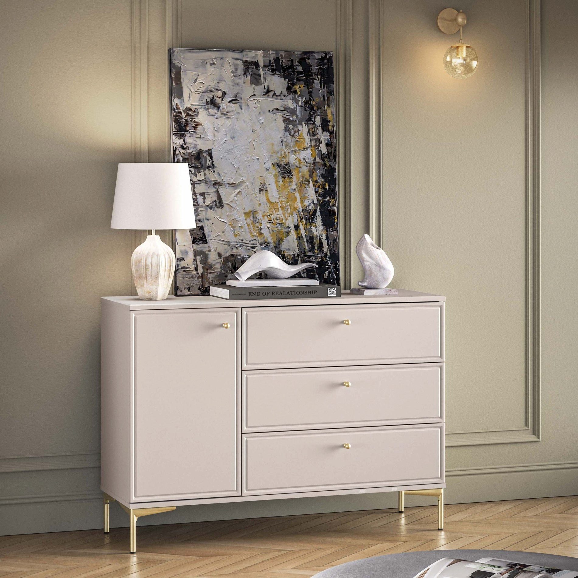Selsey Sideboard Sandro, Kommode Sandro, 1 Tür, 3 Schubladen, 118 cm, Kaschmir