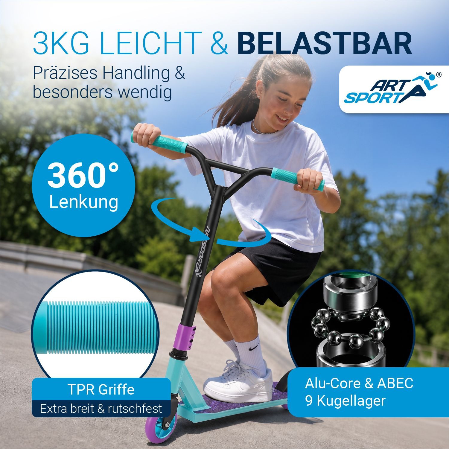ArtSport Stuntscooter Retro Purple, Alu Core, 360°-Lenker mit TPR-Grips, stabil und leicht – Bild 2 von 5