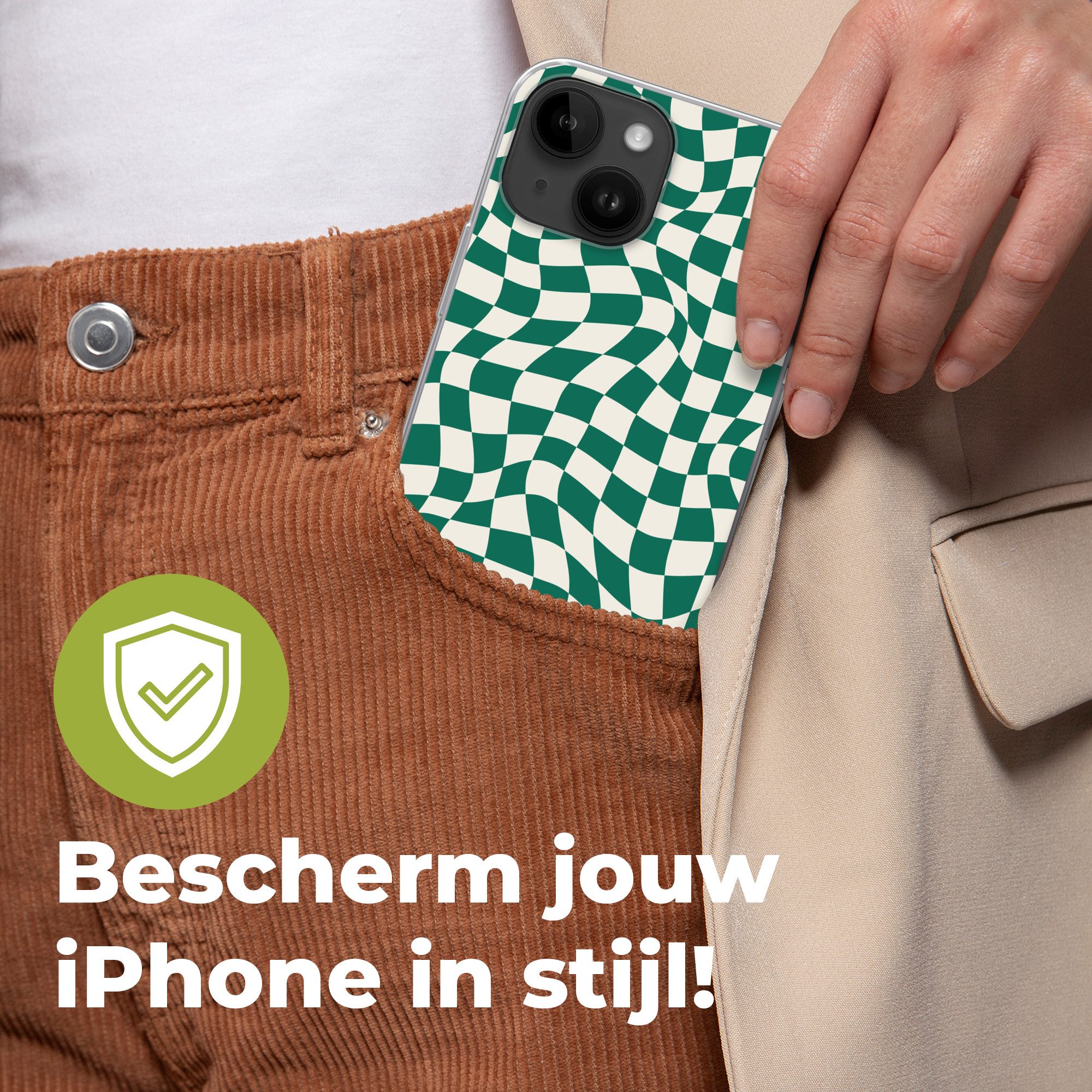 MuchoWow Handyhülle für Apple iPhone 14 Gewellte Boxen - Grün - Weiß - Abstrakt, Smartphone-Bumper, Print, Handy Schutzhülle Dünn