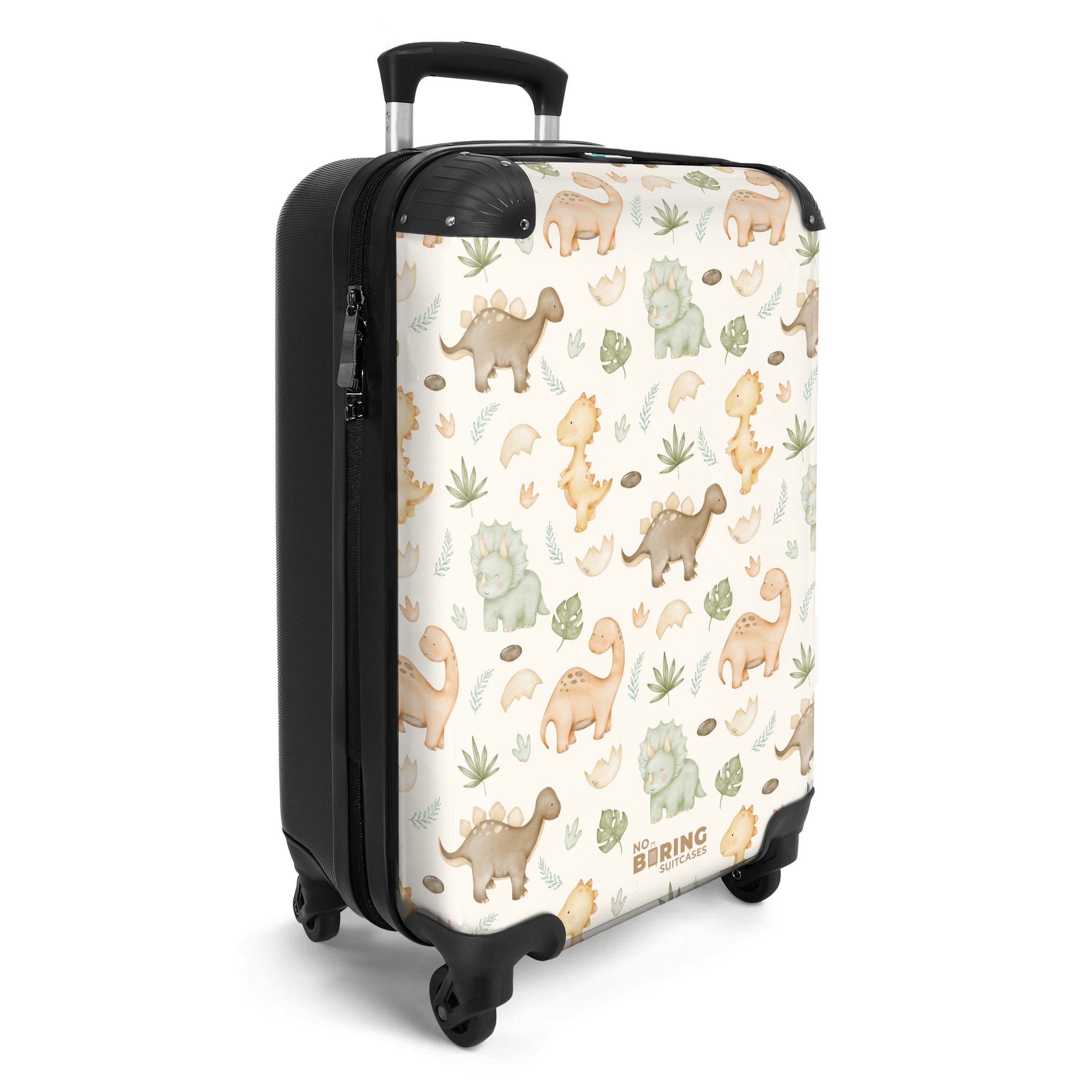 NoBoringSuitcases.com© Kinderkoffer Dino-Muster in Pastellfarben 55x35x20cm, 4 Rollen, Handgepäck Koffer, Hartschalenkoffer Kinder, Reisekoffer Jungen
