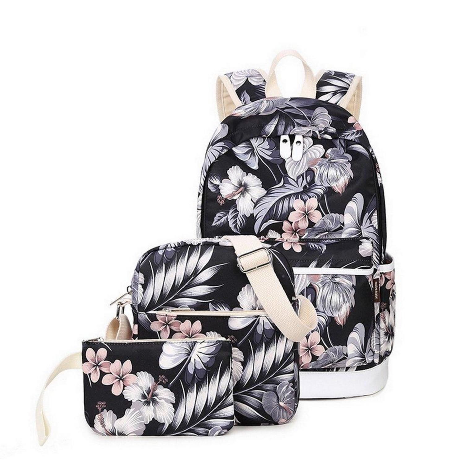 LuxusKollektion Schulrucksack Schulrucksack-Set 3tlg. Blumen/Laptop/Damen