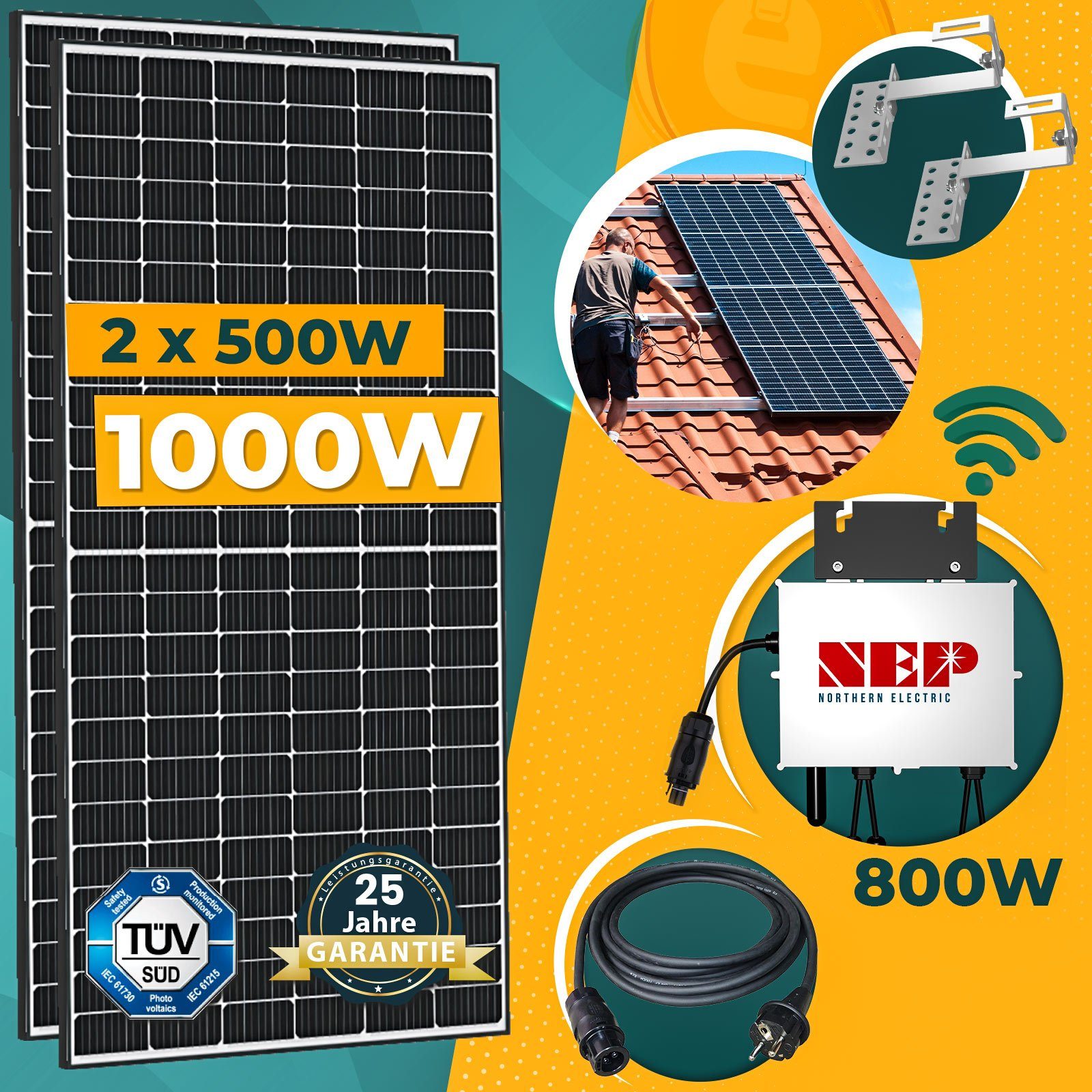 Schuko 800W PV-Montage 1000W WIFI Komplettset Solaranlage enprovesolar Solarmodule, 500W Ziegeldach Balkonkraftwerk und Wechselrichter,10M inkl. NEP Stecker