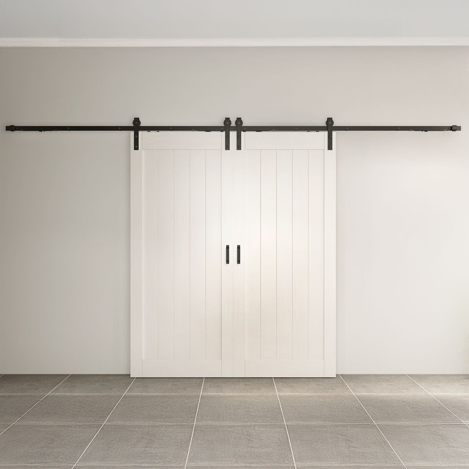 inova wohnen Doppelschiebetür Holz Scheunentor Weiß 180 x 215 cm (Komplett Set), Laufschiene schwarz Softclose