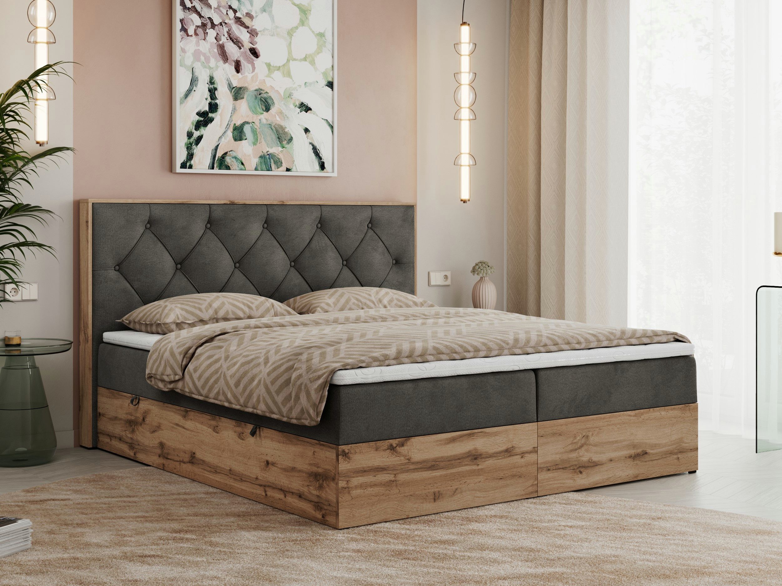 MKS MÖBEL Boxbett VENETO (Boxspringbett - set, Packung, Polsterbett, zwei Bettkästen, Topper T25/Visco, T30-Schaum), Multipocket Matratzen, Rahmen des Bettes in Eichen-Optik