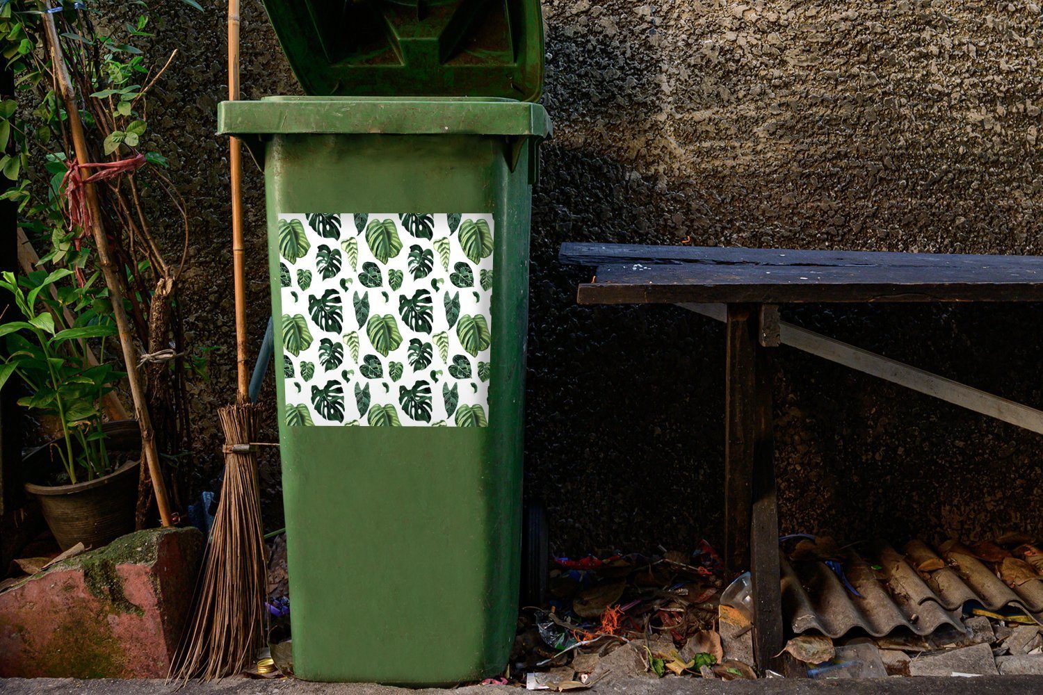 MuchoWow Wandsticker Blätter Abfalbehälter - - Container, Sticker, St), Tropisch (1 Mülleimer-aufkleber, Grün Mülltonne