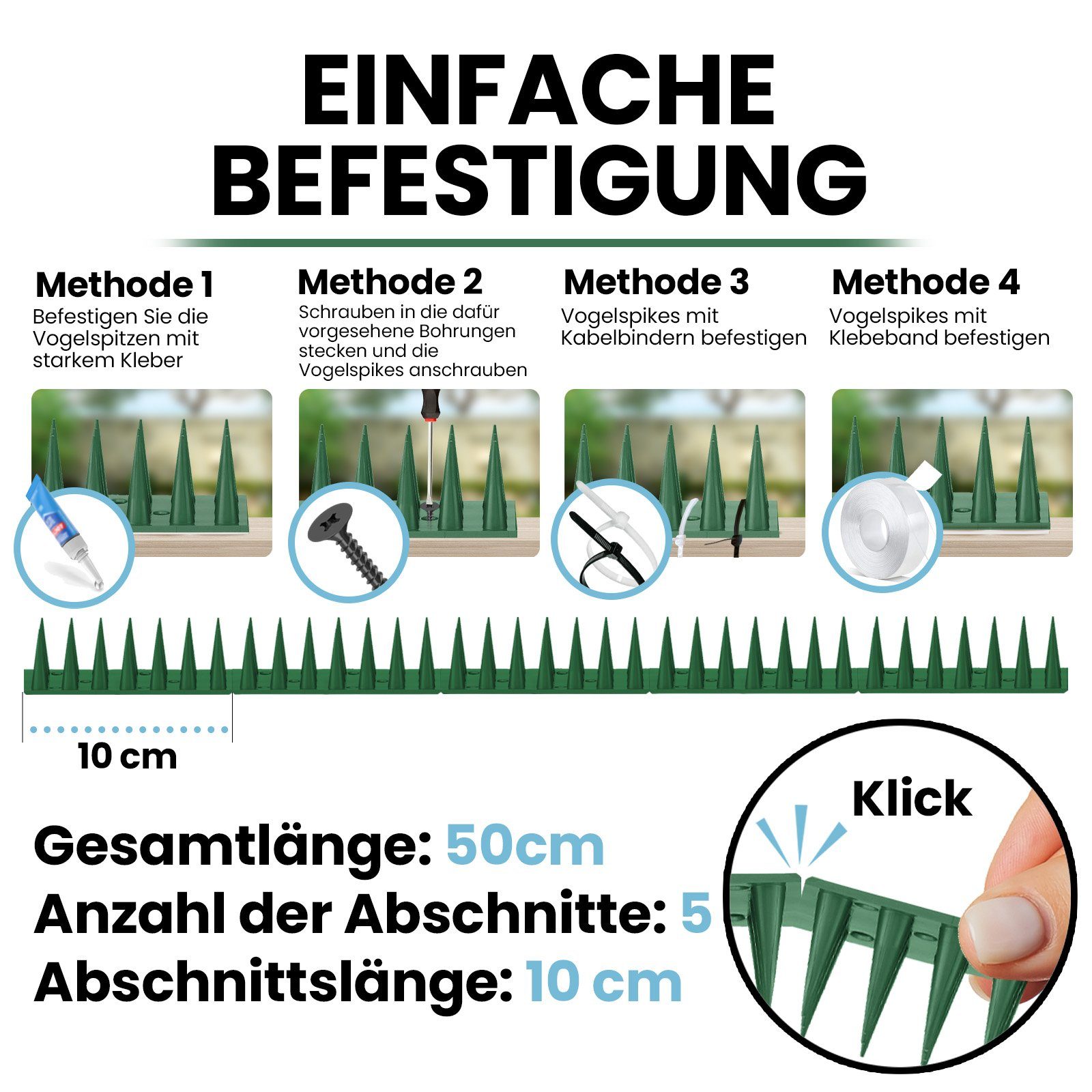 KONZEPT Taubenspikes Taubenabwehr Spikes Vogel, Katzen - für Balkon, Zaun - aus Kunststoff, 12-St., Gesamtlänge: 6 Meter, UV-beständig – Bild 5 von 5
