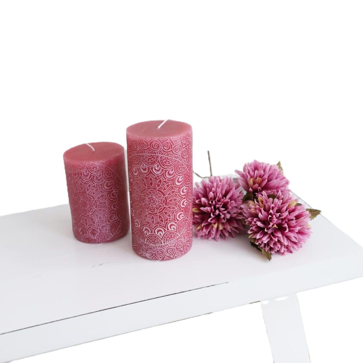 Stumpenkerze 12x Stumpenkerze Mandala Prägung Rosa Tischdekoration Beleuchtung