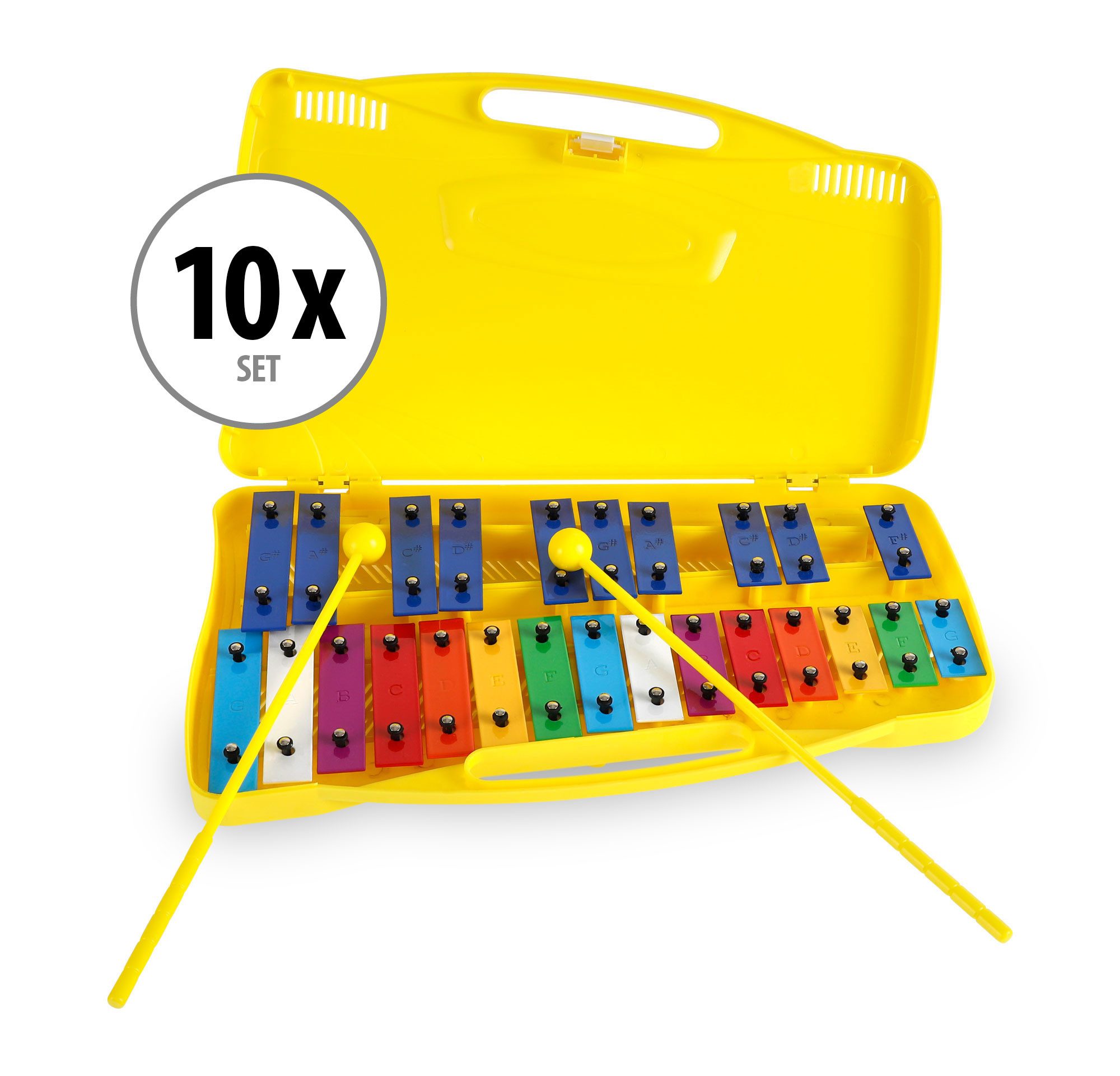 Classic Cantabile Glockenspiel für Kinder mit 25 Tönen Gelb,Spar-Set, 10-St., inkl. praktischem Tragekoffer und Schlägeln, Absolut stimmgenau