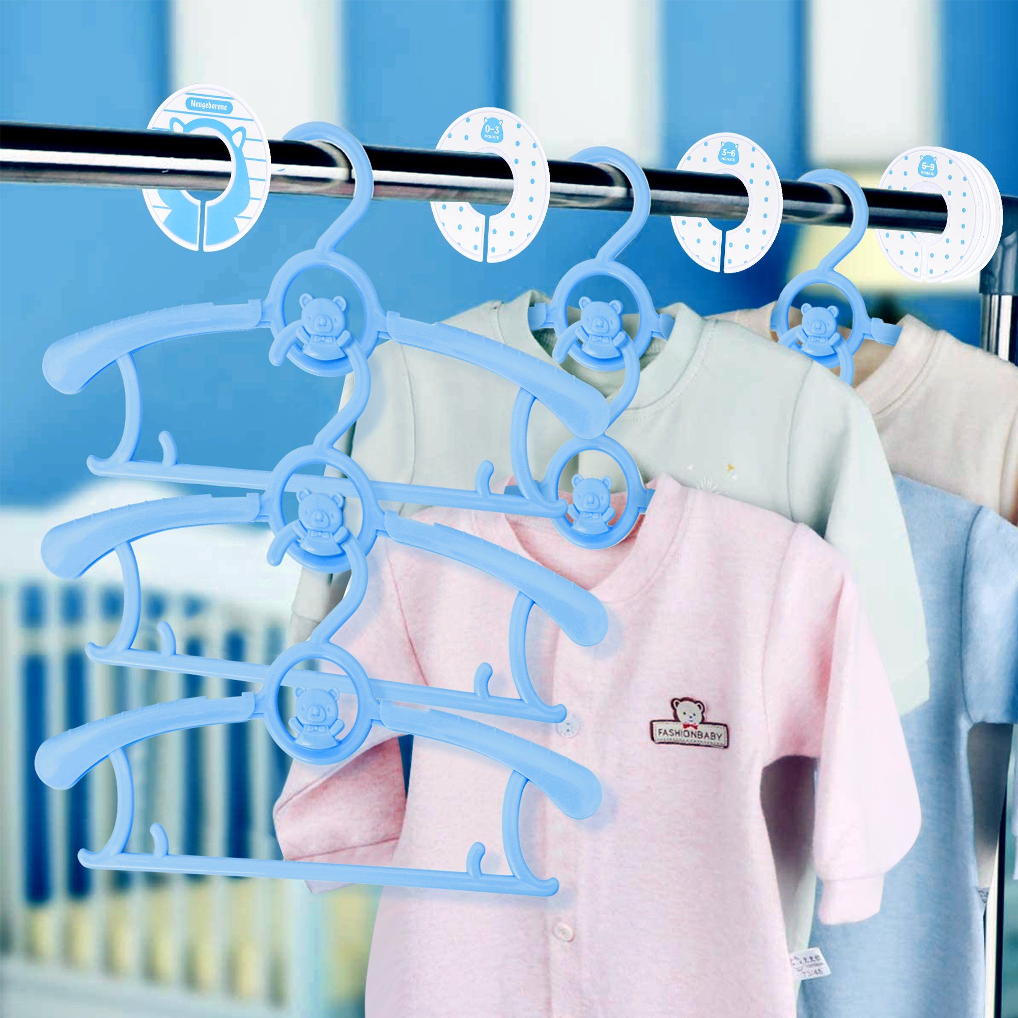 Kleinkinder für (Set, Bügel und Kleidung Stapelbaren Kinderkleiderbügel Kleiderbügel Rutschfeste Bärchen-Haken, Blau Größentrenner und Babys Homewit mit Platzsparende 30-tlg),