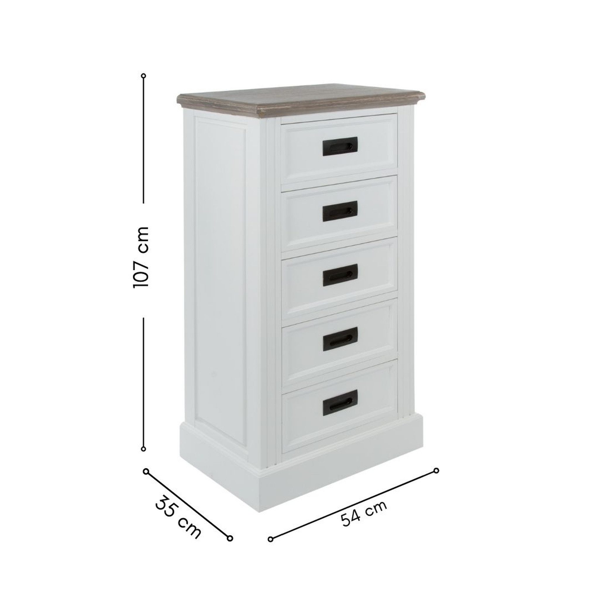 Wohnando Kommode kleiner Schrank "Viktoria" 5 Schubladen, Mehrzweckschrank, Wohnzimmer, grau gewischte Platte, weißes Holz, 35x54x107cm