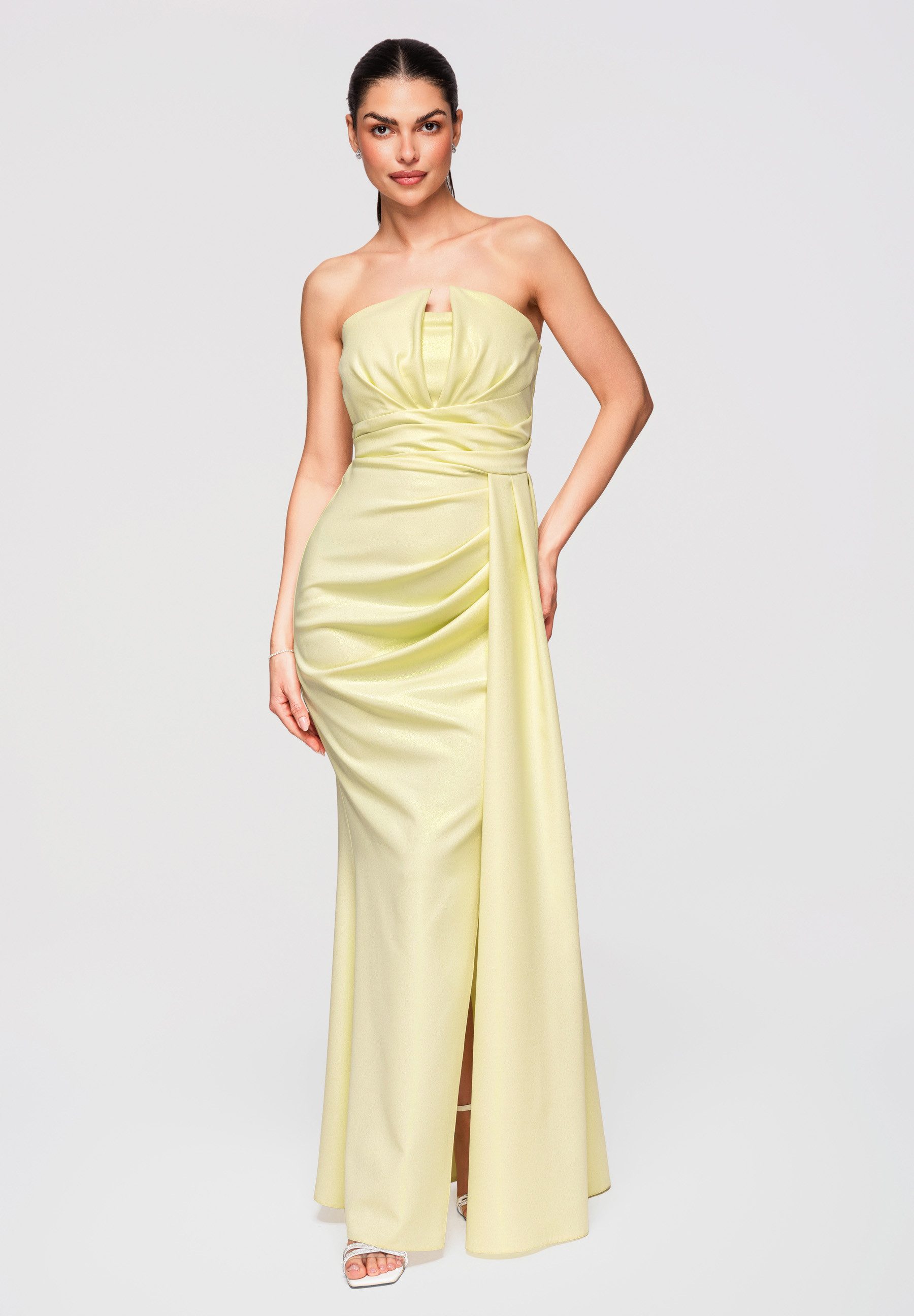 OMBRE Abendkleid Maxikleid Drapierter Abendmode Elegant Gelb XS (kein Set, 1-tlg) Geraffte Taille, Schlitz vorne
