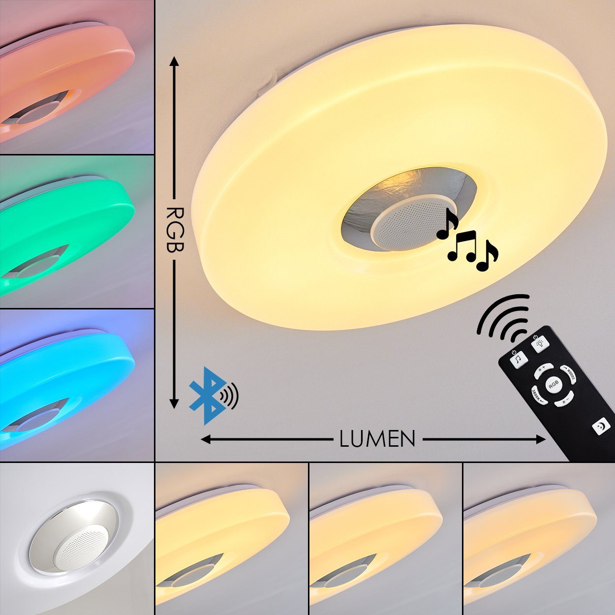 aus und mit runde Metall/Kunststoff Weiß, Farbwechsler, RGB »Serini« Deckenleuchte Fernbedienung Lautsprecher Deckenlampe Bluetooth RGB hofstein dimmbar in Kelvin,