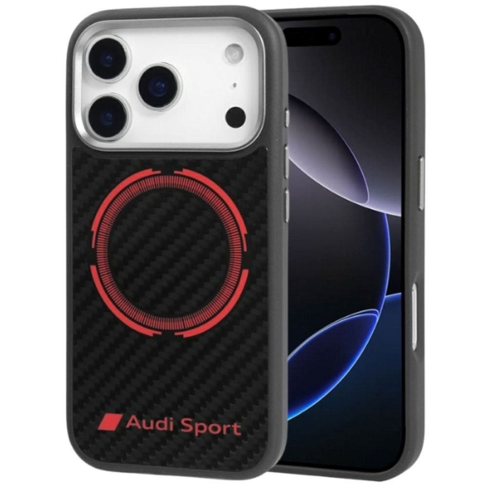 Audi Handyhülle iPhone 17 Pro Carbonfaser RSQ MagSafe schwarz rot Logo 6,3 Zoll, Kantenschutz