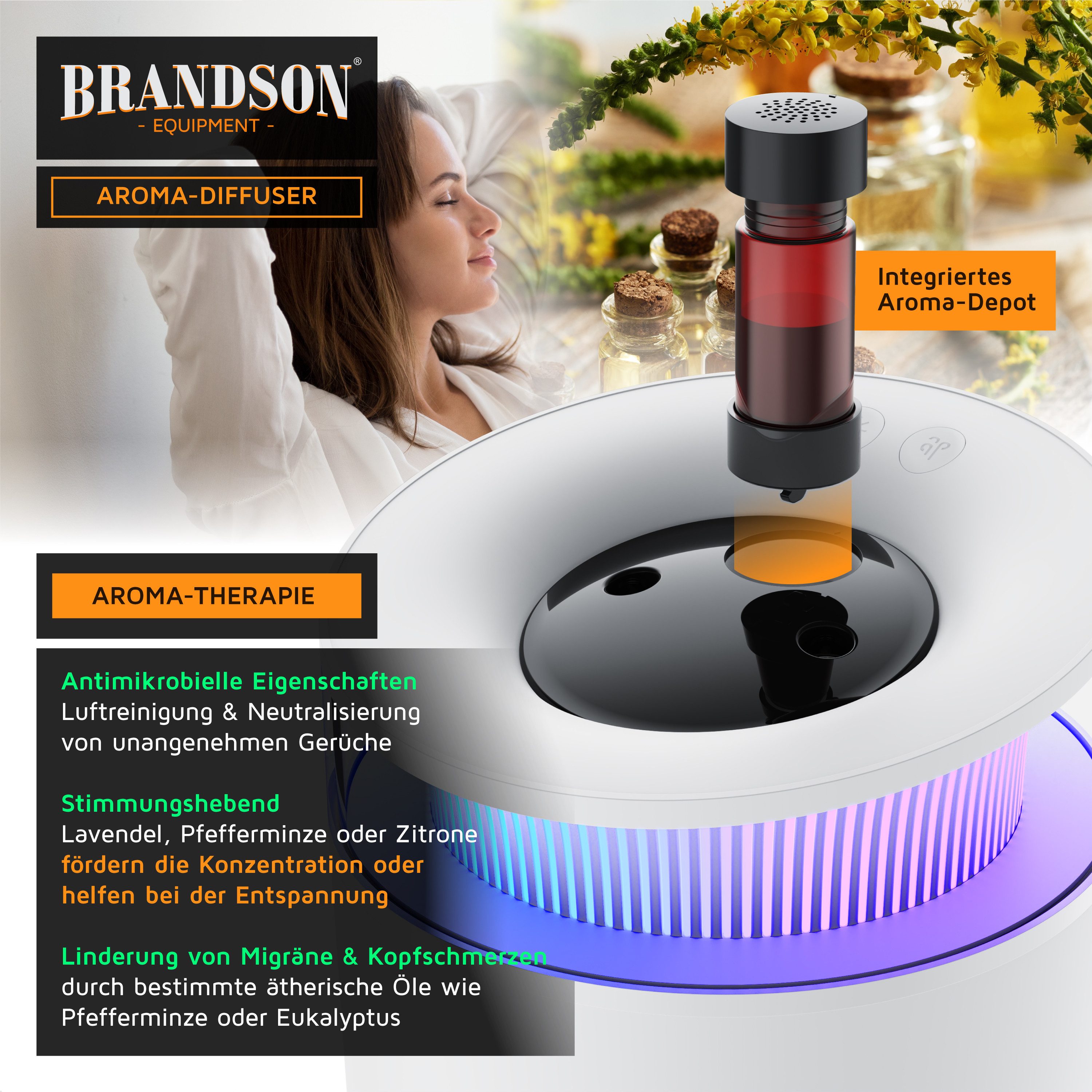 Brandson Luftbefeuchter Aroma Diffuser 2,5 L, Stimmungslicht, 2 schaltbare Dampfausgänge, 2,5 l Wassertank, mit Aromaöl-Fläschchen 10 ml, für Wohn- und Schlafzimmer, Yoga, Spa